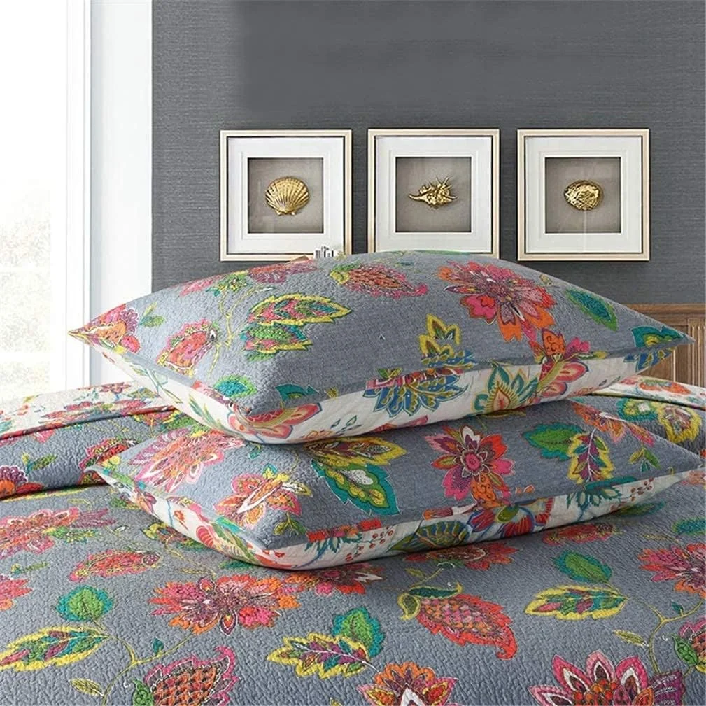روتختی تکه دوزی شده برای دکور اتاق خواب، طرح گل دار پلی استر پنبه ای، ست روتختی لحاف دار 3 تکه، 230 x 250 سانتی متر