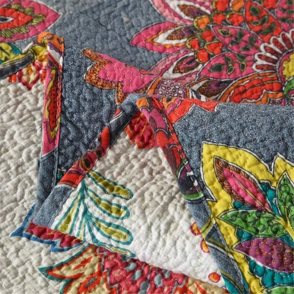 روتختی تکه دوزی شده برای دکور اتاق خواب، طرح گل دار پلی استر پنبه ای، ست روتختی لحاف دار 3 تکه، 230 x 250 سانتی متر