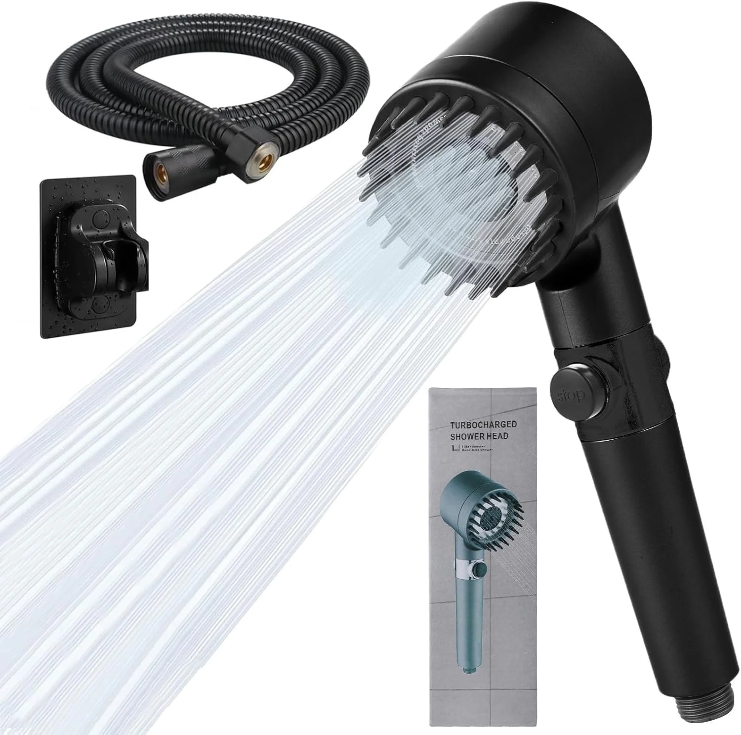 سردوش فیلتردار، سردوش فشار قوی با 3 حالت اسپری، شستشوی قوی برای آب سخت، سردوش دستی با کلید روشن/خاموش، دوش ماساژور با شلنگ و براکت، بدون نیاز به سوراخکاری، مشکی