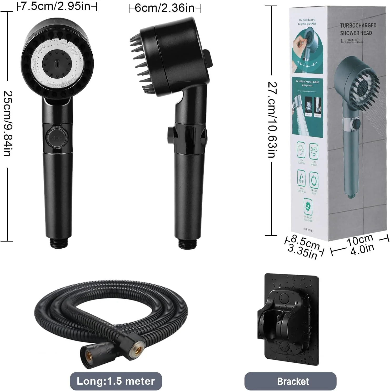 سردوش فیلتردار، سردوش فشار قوی با 3 حالت اسپری، شستشوی قوی برای آب سخت، سردوش دستی با کلید روشن/خاموش، دوش ماساژور با شلنگ و براکت، بدون نیاز به سوراخکاری، مشکی
