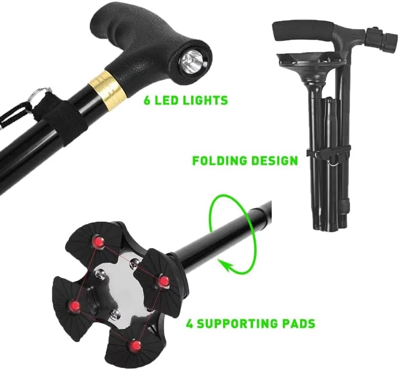 عصا تاشو با چراغ LED، عصای قابل تنظیم برای مردان و زنان عصا تاشو با چراغ LED، عصای قابل تنظیم برای مردان و زنان