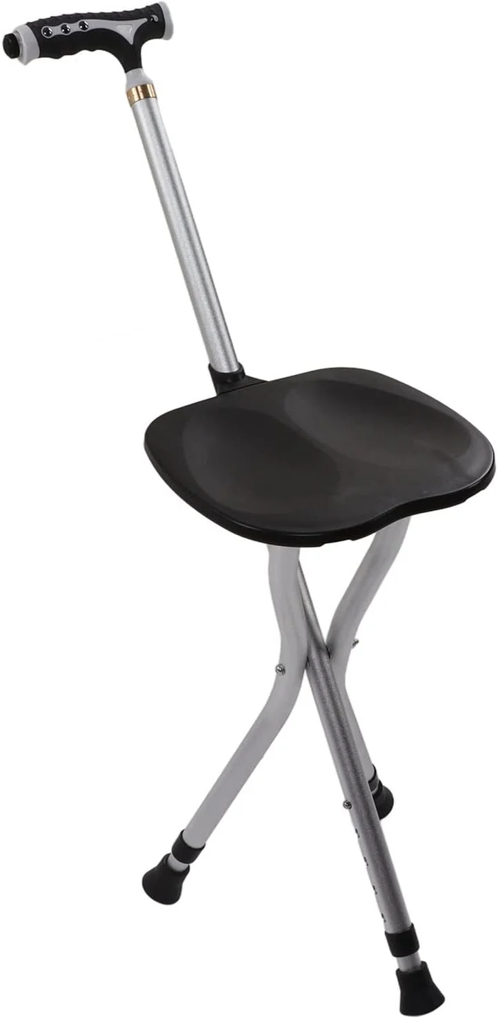 صندلی عصایی GUPE، صندلی تاشو قابل حمل با ارتفاع قابل تنظیم، صندلی عصایی پایدار با حلقه قفل شونده به همراه چراغ قوه LED، پدهای ضد لغزش، صفحه صندلی بزرگ شده برای سالمندان