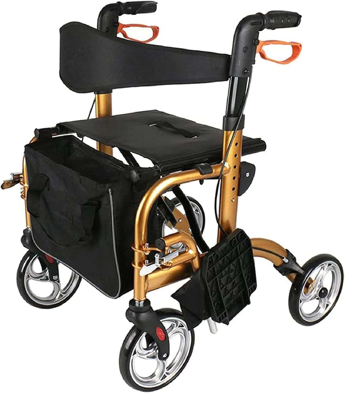 واکر رولیتور تاشو آلومینیومی GzxLaY مدل 2 در 1، واکر چرخ دار 4 چرخ با دسته قابل تنظیم و پشتی برگشت پذیر، برای سالمندان و معلولین، رولیتور حرکتی، طلایی