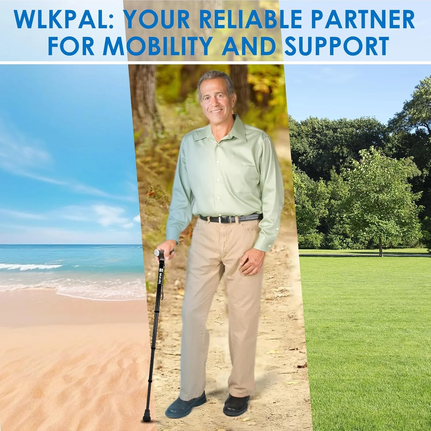 عصای پیاده روی WLKPAL برای سالمندان و بزرگسالان، تاشو، قابل تنظیم، عصای پیاده روی تاشو برای مردان و زنان، 2 نوک ضد لغزش قابل تعویض برای تمام سطوح، عصای تاشو سری Anchor برای ثبات