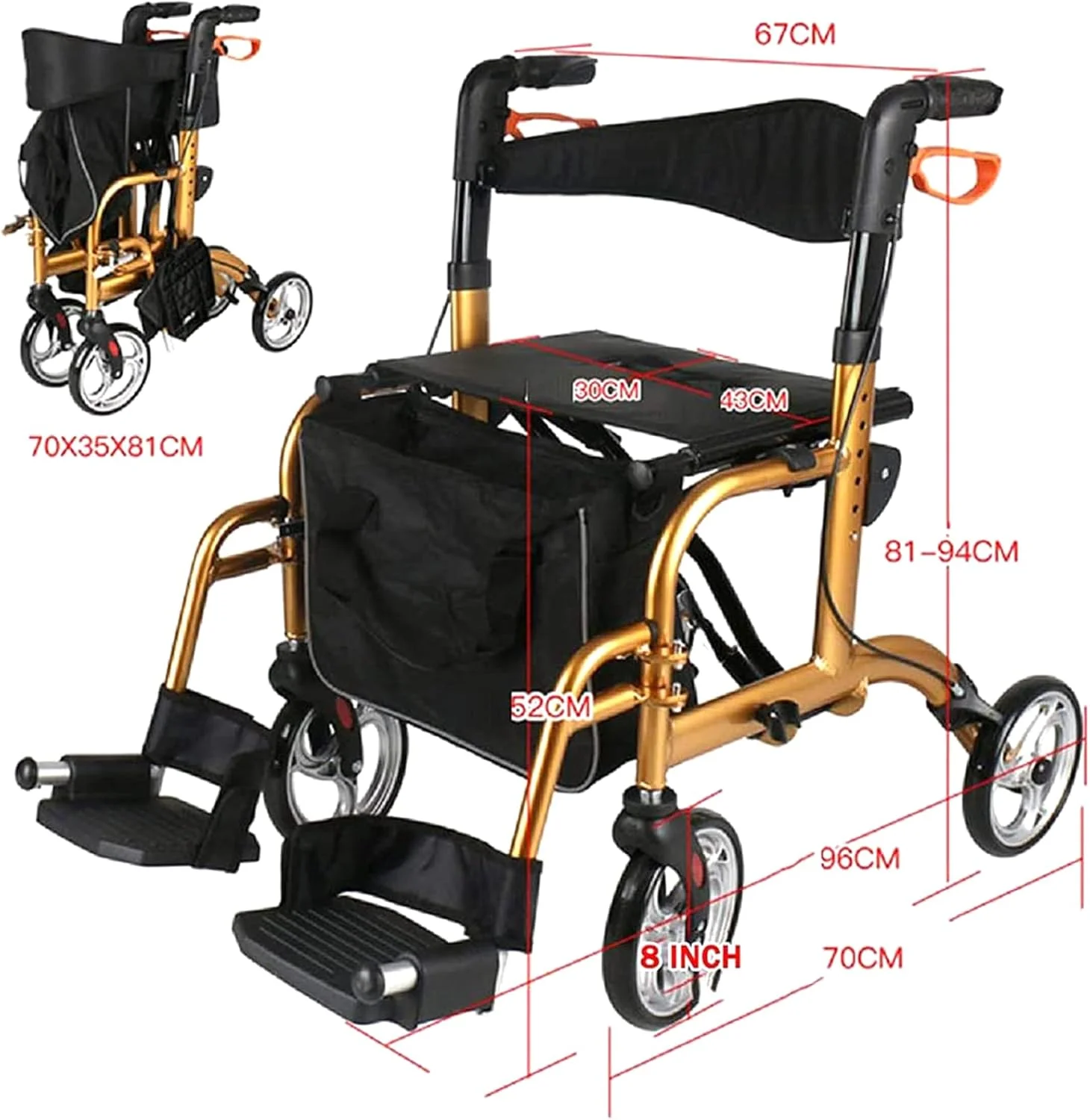 واکر رولیتور تاشو آلومینیومی GzxLaY مدل 2 در 1، واکر چرخ دار 4 چرخ با دسته قابل تنظیم و پشتی برگشت پذیر، برای سالمندان و معلولین، رولیتور حرکتی، طلایی واکر رولیتور تاشو آلومینیومی GzxLaY مدل 2 در 1، واکر چرخ دار 4 چرخ با دسته قابل تنظیم و پشتی برگشت پذیر، برای سالمندان و معلولین، رولیتور حرکتی، طلایی