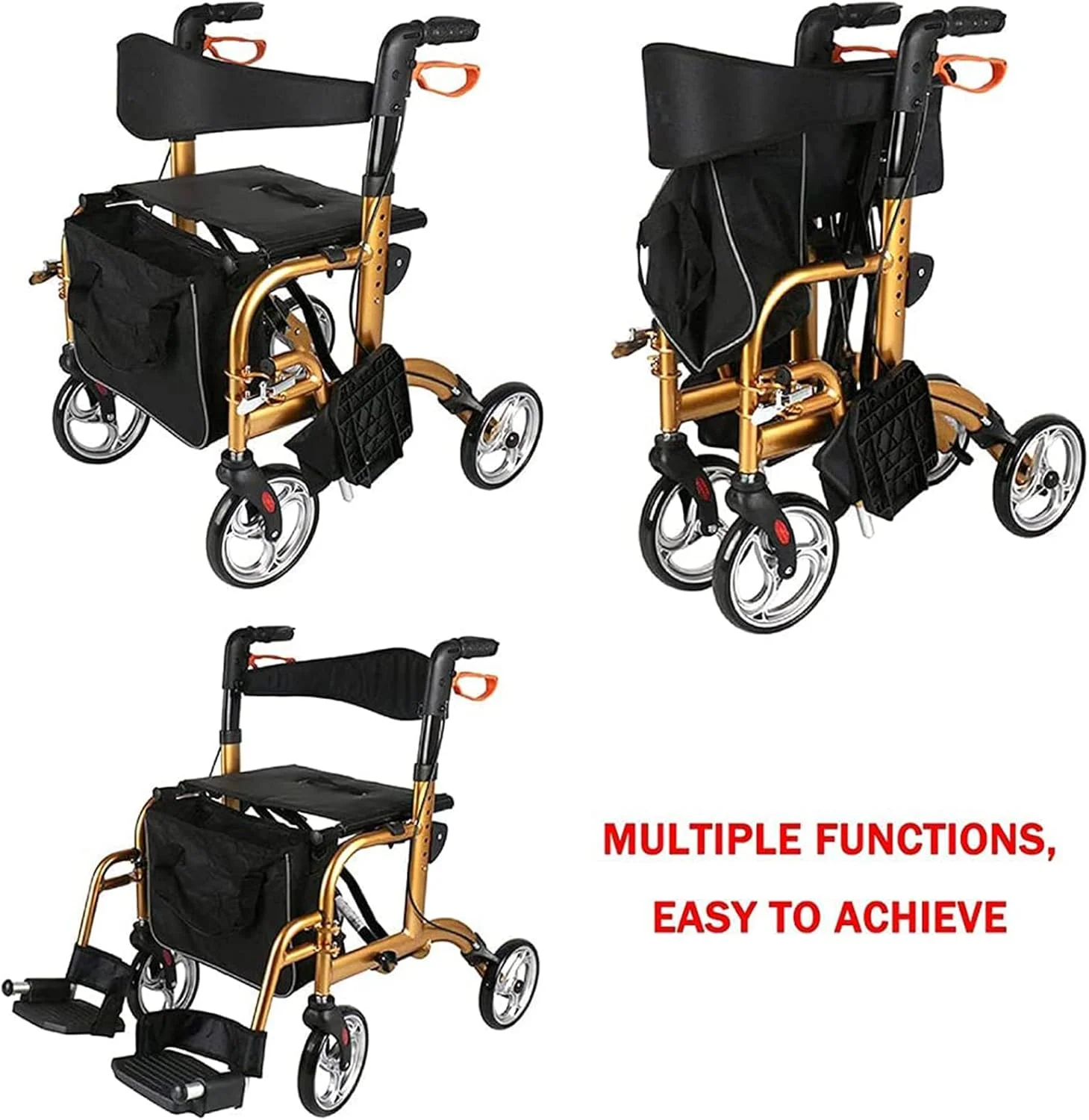 واکر رولیتور تاشو آلومینیومی GzxLaY مدل 2 در 1، واکر چرخ دار 4 چرخ با دسته قابل تنظیم و پشتی برگشت پذیر، برای سالمندان و معلولین، رولیتور حرکتی، طلایی واکر رولیتور تاشو آلومینیومی GzxLaY مدل 2 در 1، واکر چرخ دار 4 چرخ با دسته قابل تنظیم و پشتی برگشت پذیر، برای سالمندان و معلولین، رولیتور حرکتی، طلایی