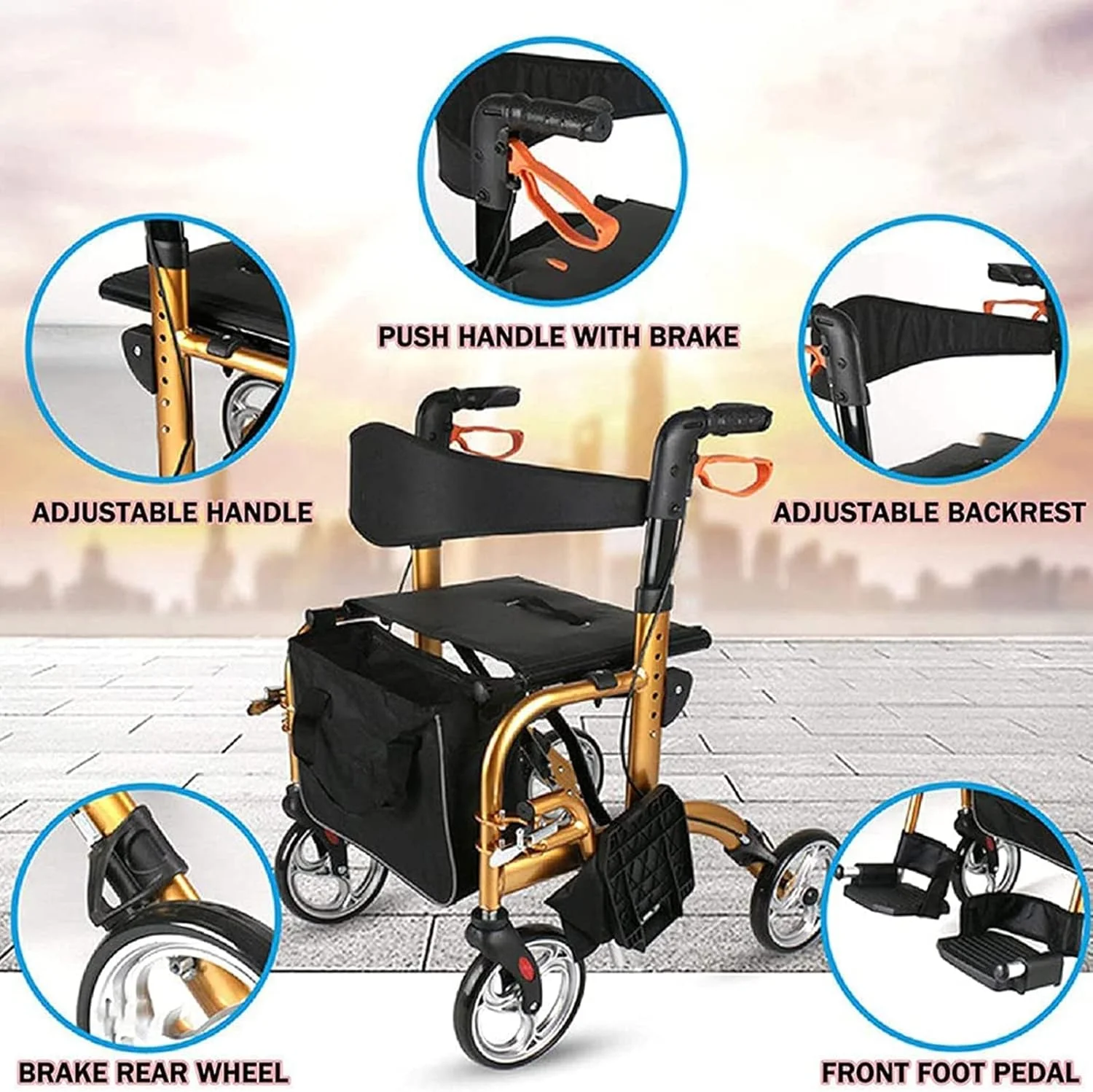 واکر رولیتور تاشو آلومینیومی GzxLaY مدل 2 در 1، واکر چرخ دار 4 چرخ با دسته قابل تنظیم و پشتی برگشت پذیر، برای سالمندان و معلولین، رولیتور حرکتی، طلایی واکر رولیتور تاشو آلومینیومی GzxLaY مدل 2 در 1، واکر چرخ دار 4 چرخ با دسته قابل تنظیم و پشتی برگشت پذیر، برای سالمندان و معلولین، رولیتور حرکتی، طلایی