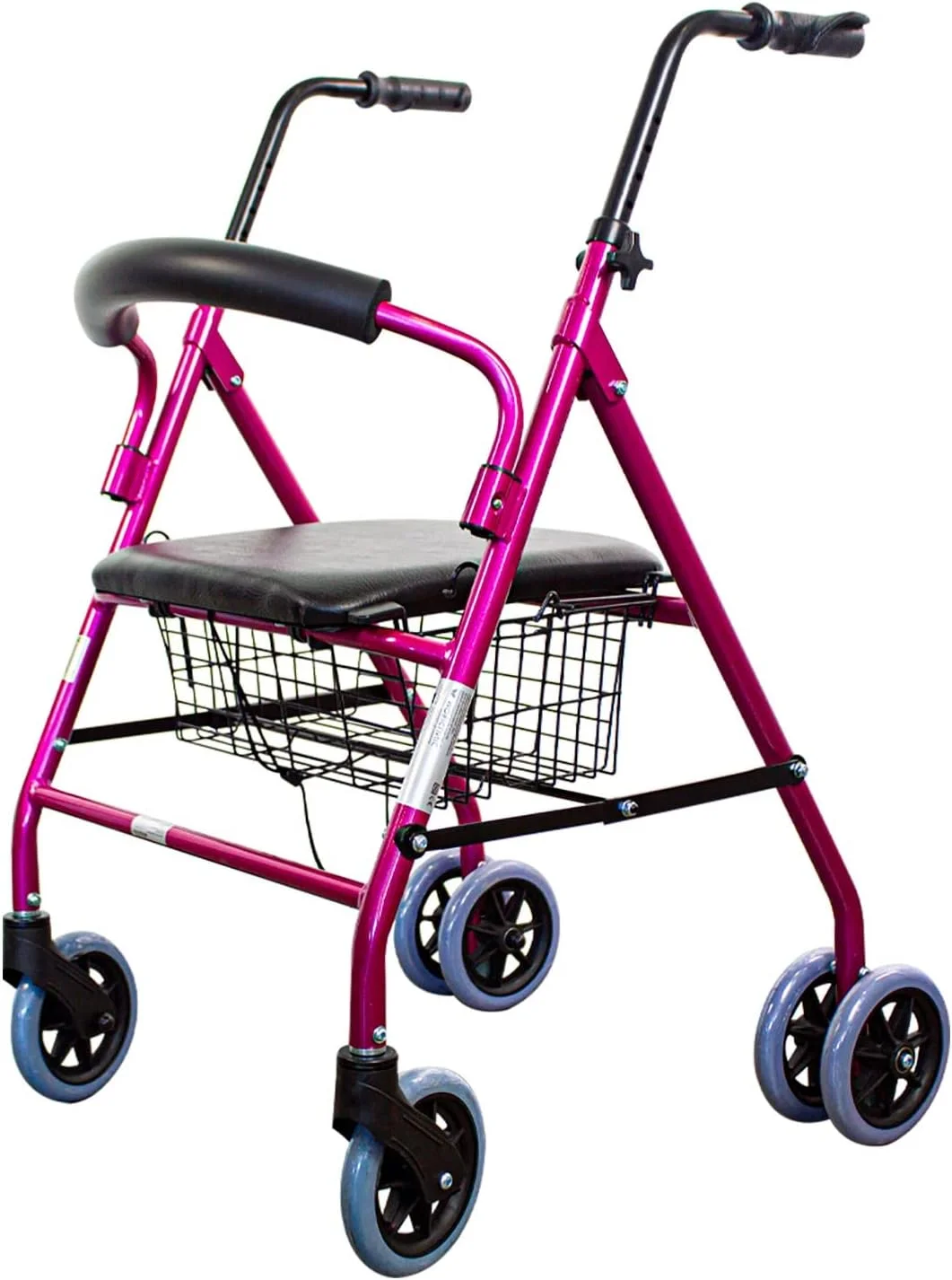 رولیتور واکر سالمندان موبیکلینیک، مدل پرادو، برند اروپایی، تاشو سبک وزن با طراحی متمایز، ترمز فشاری، دارای نشیمنگاه و 4 چرخ آلومینیومی، صورتی