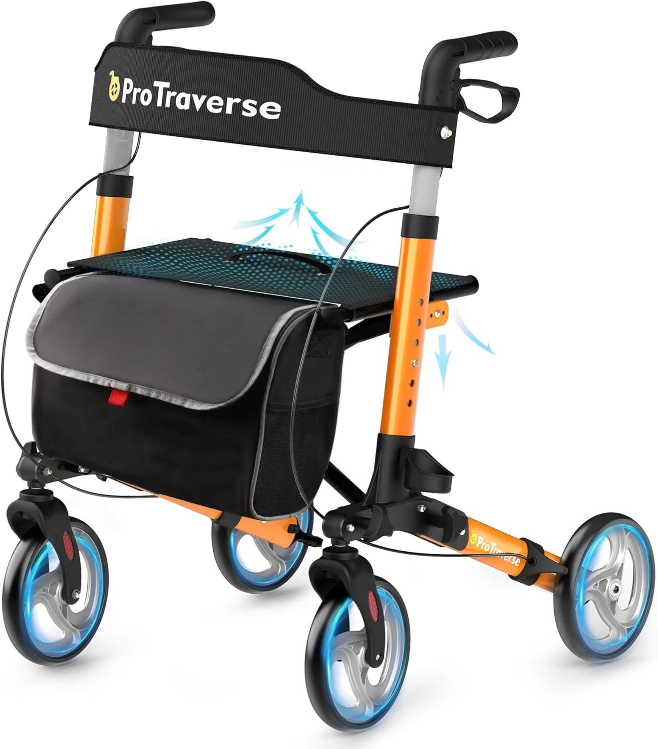 واکر سالمندان، رولیتور واکر با صندلی، واکر چرخدار تاشو سبک وزن مناسب تمام سطوح، ارتفاع قابل تنظیم، رولیتور با چرخ های بزرگ، واکر رولیتور با صندلی، نارنجی