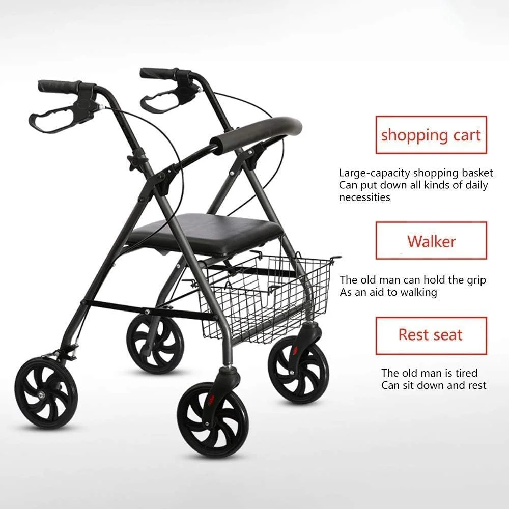 واکر، رولیتور تاشو متحرک با ترمز دستی، رولیتور آلومینیومی با صندلی، واکر سبک وزن با دسته قابل تنظیم برای سالمندان، سورپرایز کوچک