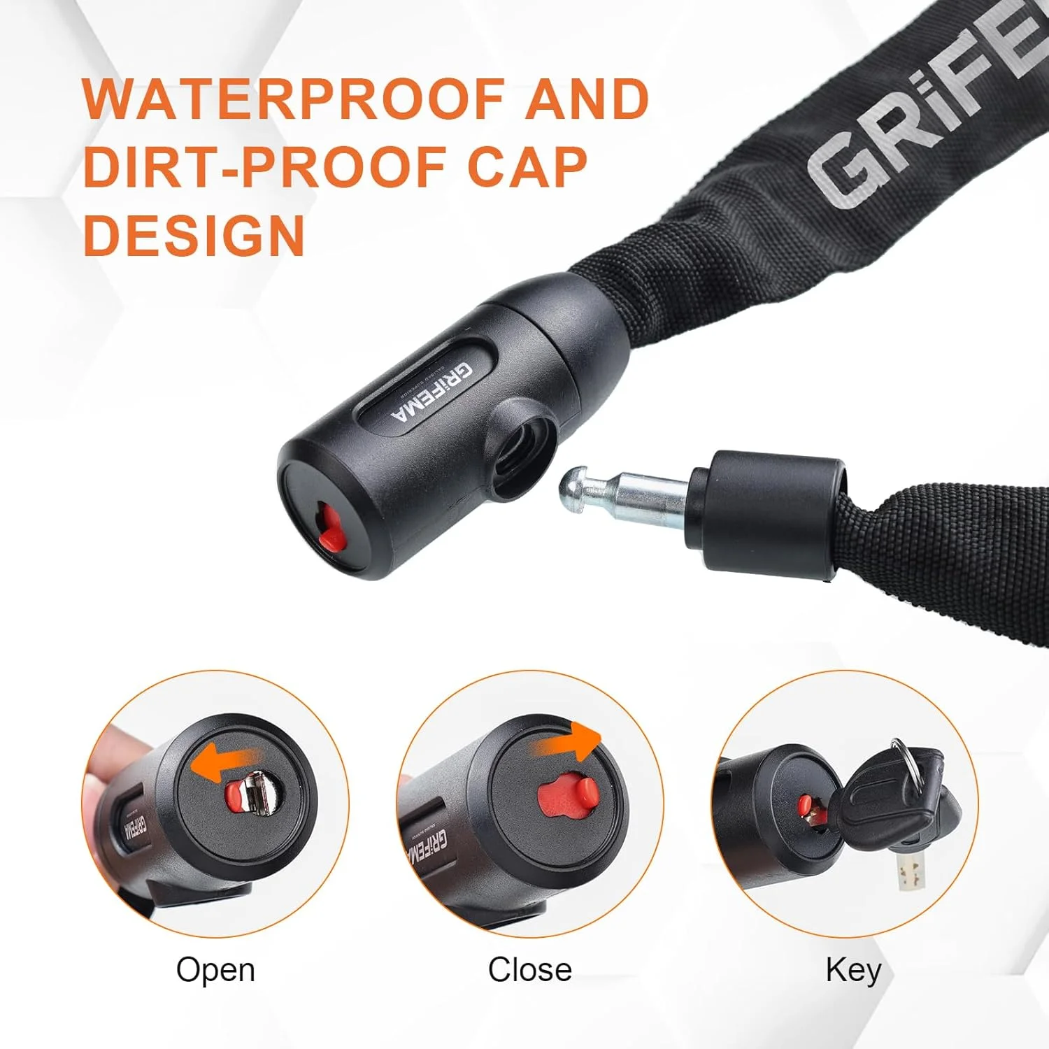 قفل زنجیری دوچرخه GRIFEMA GA1201-12 با 2 کلید، قفل دوچرخه با امنیت بالا 120 سانتی متری برای دوچرخه، موتور، درب، حصار دروازه، با پوشش ضد آب سوراخ کلید