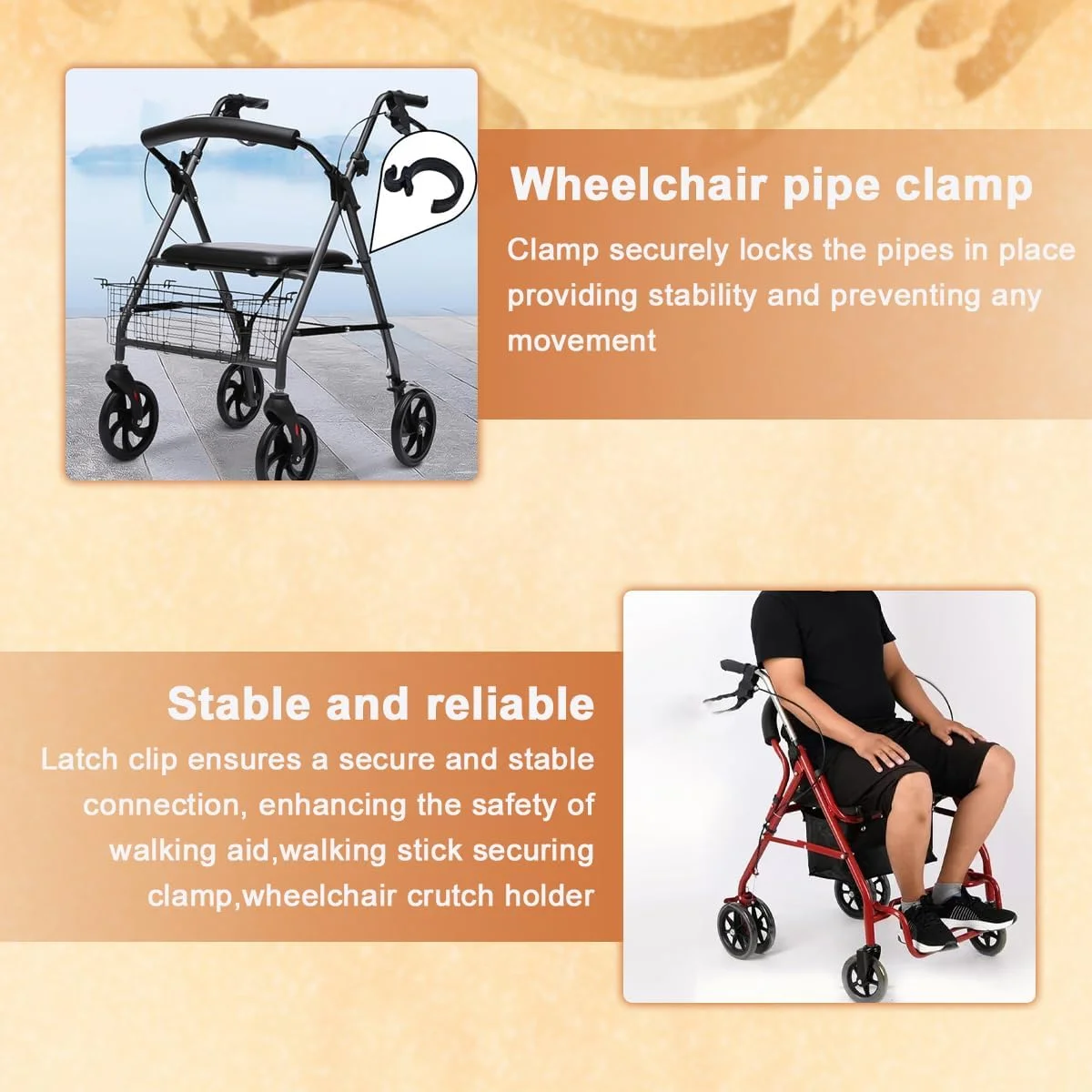 گیره ترمز برای واکر، نگهدارنده دسته ترمز، لوازم جانبی قطعات جایگزین رولیتور برای ویلچر رولیتور (مشکی، 6 عدد)