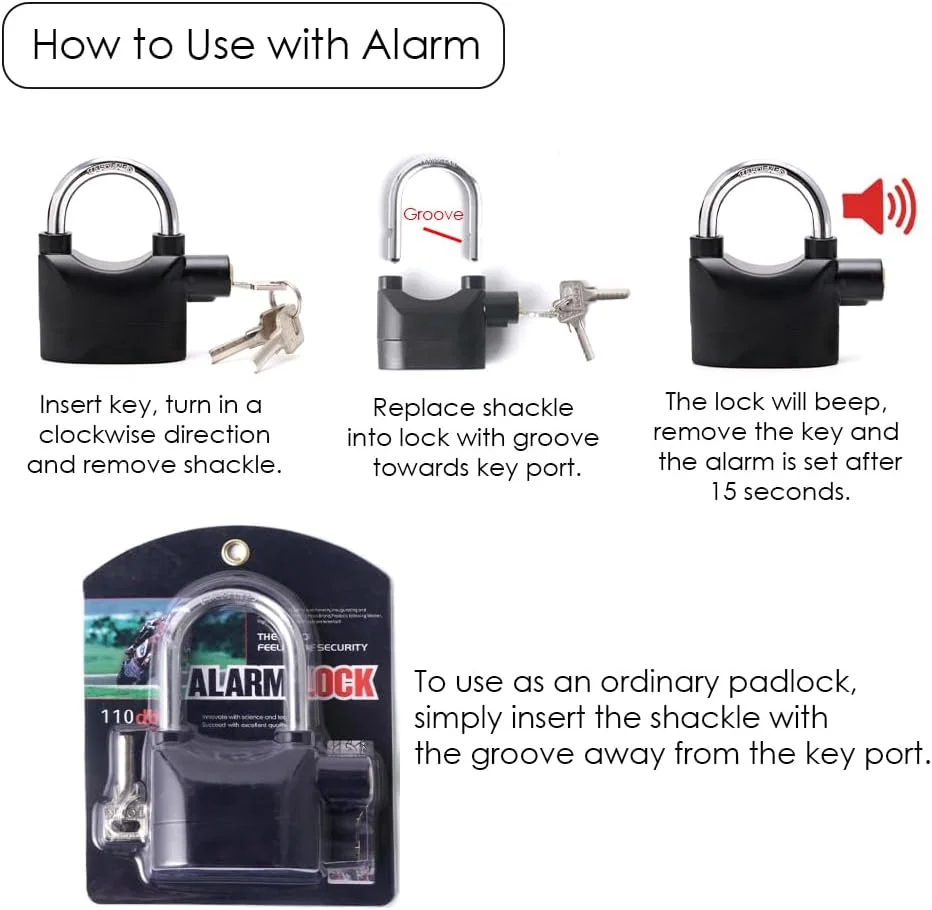 قفل آویز هشدار دار HEXAR، قفل امنیتی ضد سرقت 110 دسی بل، قفل دو حالته دوچرخه، حسگر حرکتی مقاوم در برابر آب و هوا، قفل درب موتورسیکلت و دوچرخه، قفل آلارم جهانی با 3 کلید
