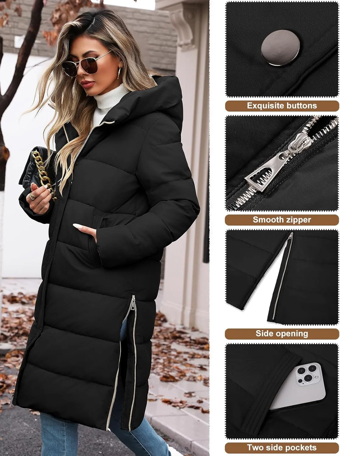 HEEKPEK کت پفی بلند زمستانی زنانه، ژاکت لحافی گرم و ضخیم، قد متوسط با زیپ جانبی و کلاه، کاپشن بیرونی