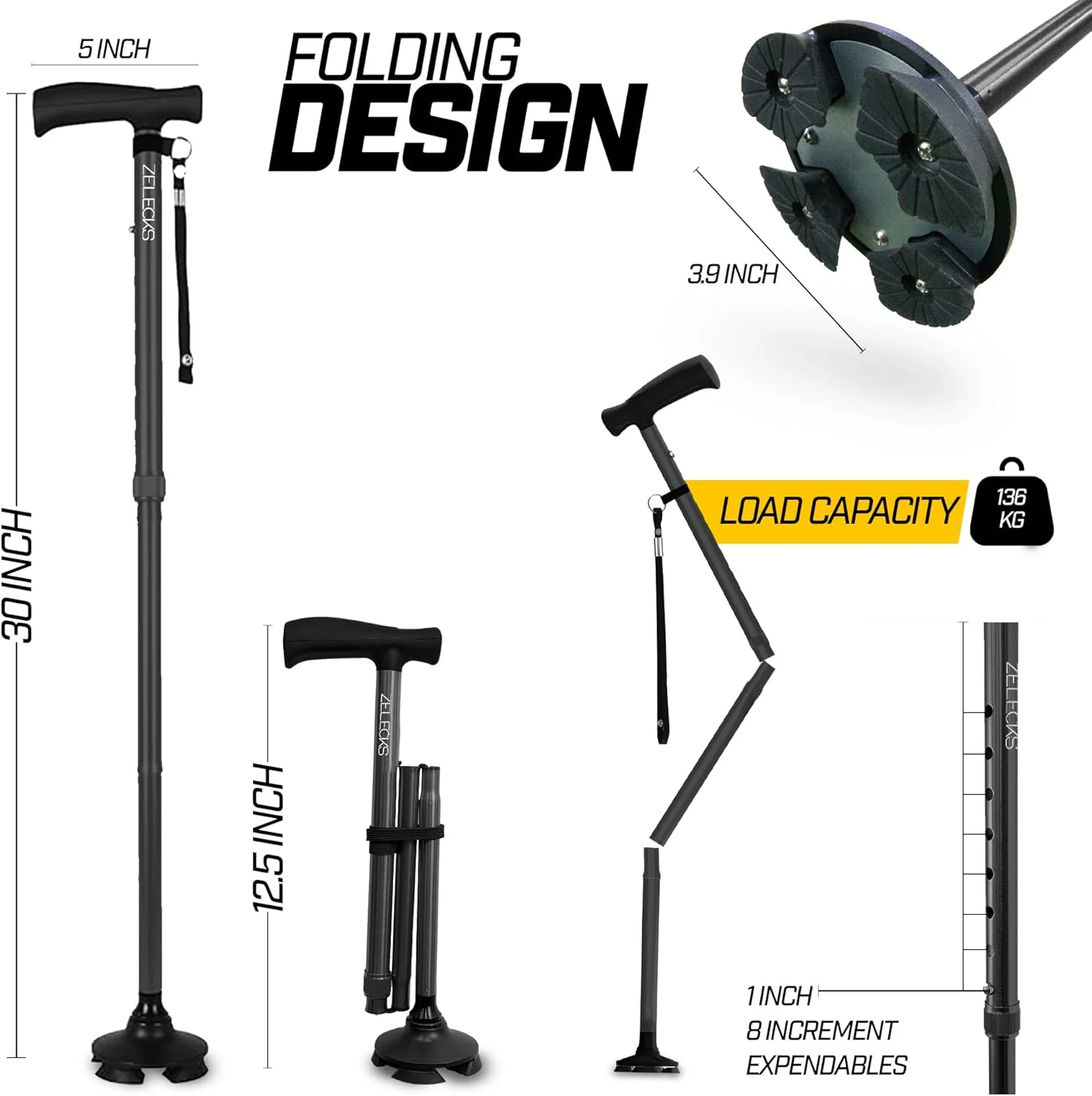 عصای پیاده روی زلکز برای زنان و مردان - عصای تاشو خودایستا با دسته T و پایه چرخان 360 درجه - عصای پیاده روی تاشو سبک وزن برای سالمندان - عصای تاشو برای پیاده روی عصای پیاده روی زلکز برای زنان و مردان - عصای تاشو خودایستا با دسته T و پایه چرخان 360 درجه - عصای پیاده روی تاشو سبک وزن برای سالمندان - عصای تاشو برای پیاده روی