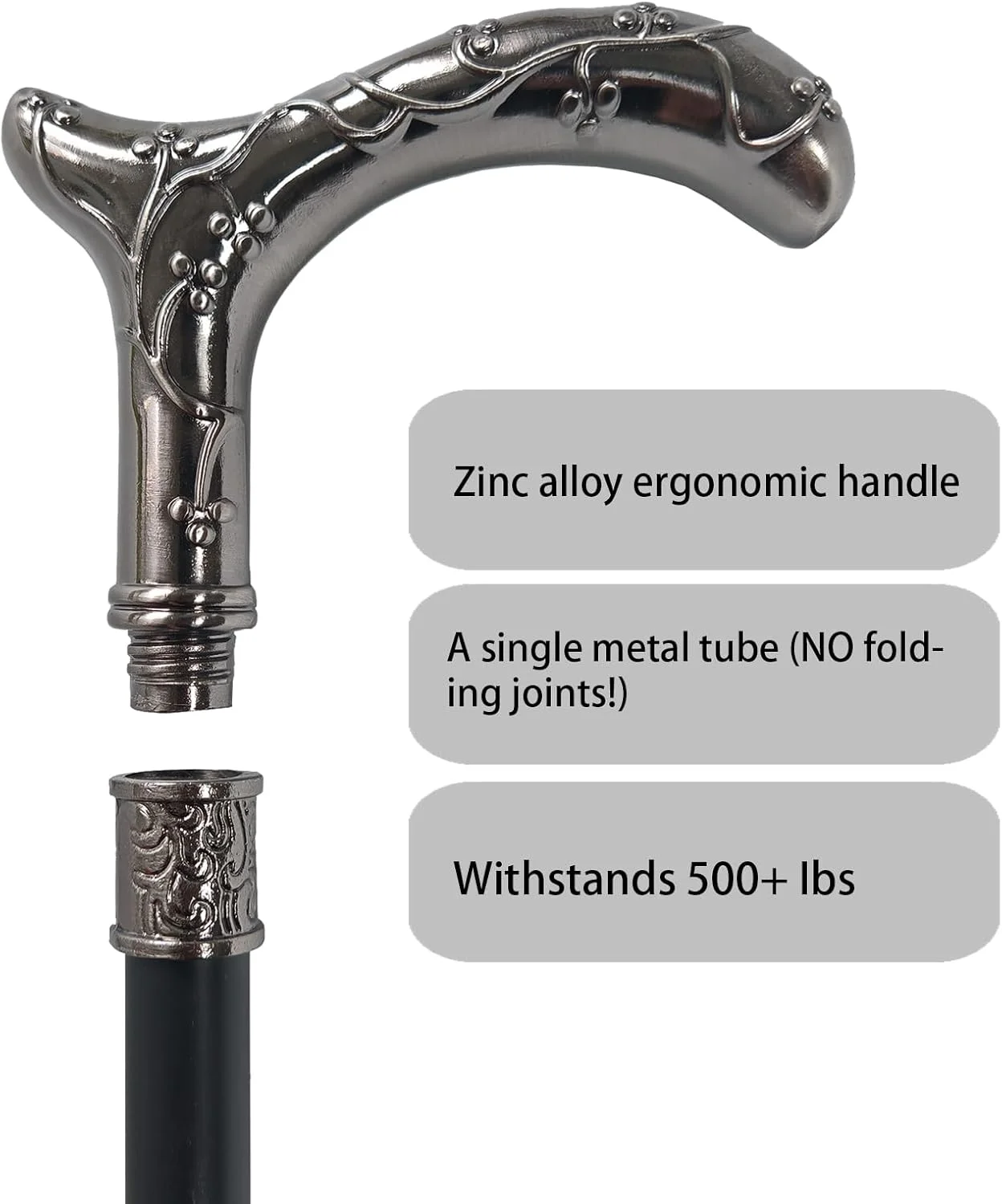 عصای پیاده روی YIVIYAR برای مردان و زنان - ظرفیت سنگین 225+ کیلوگرم، عصای فلزی تزئینی گوتیک با دسته ارگونومیک، عصای پیاده روی مشکی و نقره ای برای سالمندان