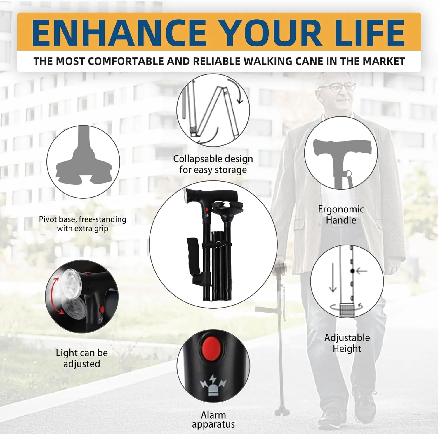 عصای پیاده روی ZIYIZE، عصای تاشو با چراغ LED و آلارم، عصای پیاده روی برای زنان، عصای قابل تنظیم مناسب برای افراد مسن، معلول و مبتلا به آرتروز، عصا با دسته T بالشتکی و چهار پایه چرخان عصای پیاده روی ZIYIZE، عصای تاشو با چراغ LED و آلارم، عصای پیاده روی برای زنان، عصای قابل تنظیم مناسب برای افراد مسن، معلول و مبتلا به آرتروز، عصا با دسته T بالشتکی و چهار پایه چرخان