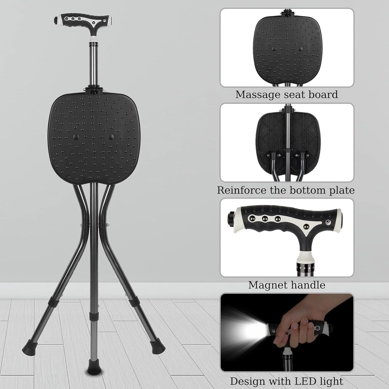 عصا تاشو Yayayo با صندلی، تحمل وزن 200 کیلوگرم، عصای پیاده روی با قابلیت تنظیم ارتفاع، صندلی عصایی با دسته مات و ماساژ سنگ درمانی مغناطیسی عصا تاشو Yayayo با صندلی، تحمل وزن 200 کیلوگرم، عصای پیاده روی با قابلیت تنظیم ارتفاع، صندلی عصایی با دسته مات و ماساژ سنگ درمانی مغناطیسی