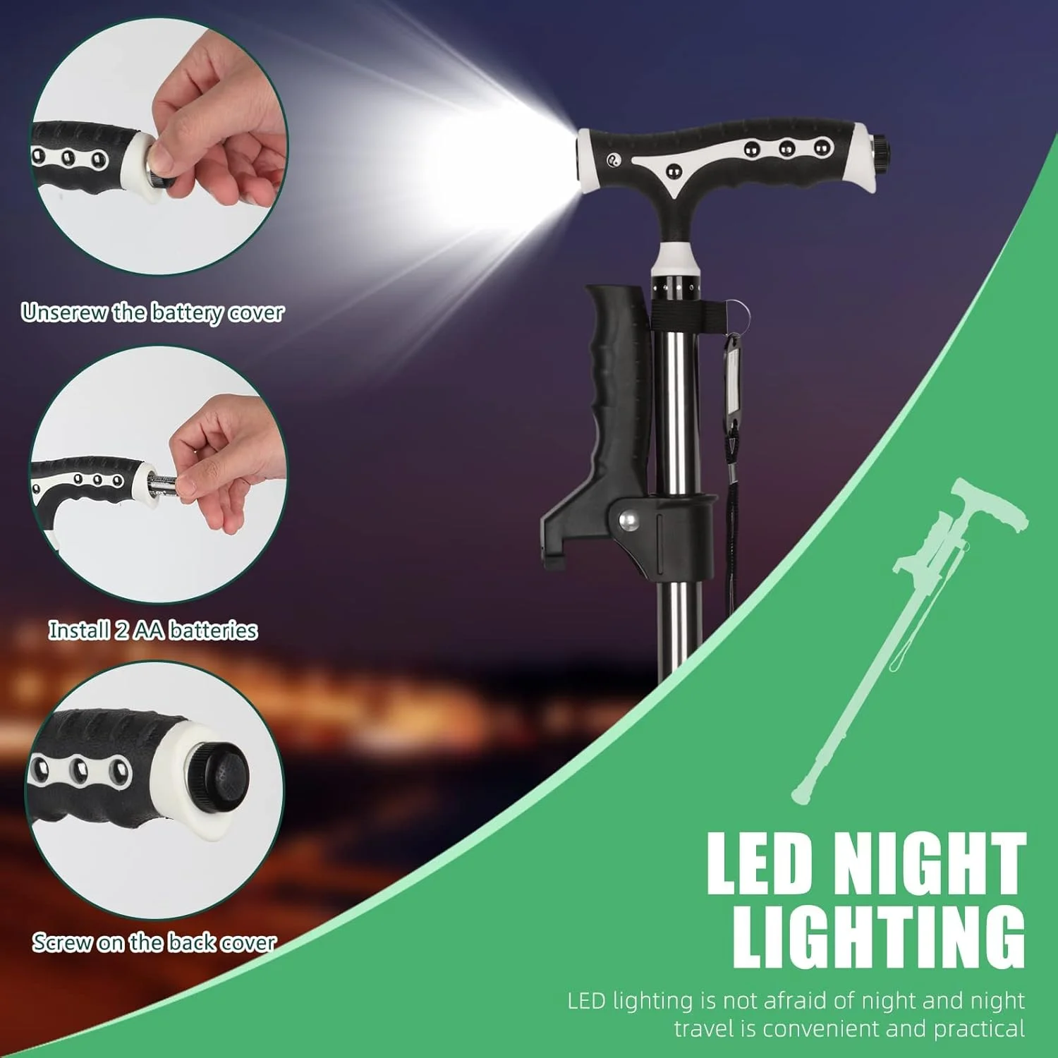 عصای پیاده روی با تحمل وزن 200 کیلوگرم برای مردان و زنان، آلیاژ آلومینیوم سبک وزن، عصای پیاده روی قابل تنظیم ارتفاع، عصای تاشو سنگین وزن با قابلیت ایستادن آزاد با LED برای سالمندان و بزرگسالان عصای پیاده روی با تحمل وزن 200 کیلوگرم برای مردان و زنان، آلیاژ آلومینیوم سبک وزن، عصای پیاده روی قابل تنظیم ارتفاع، عصای تاشو سنگین وزن با قابلیت ایستادن آزاد با LED برای سالمندان و بزرگسالان