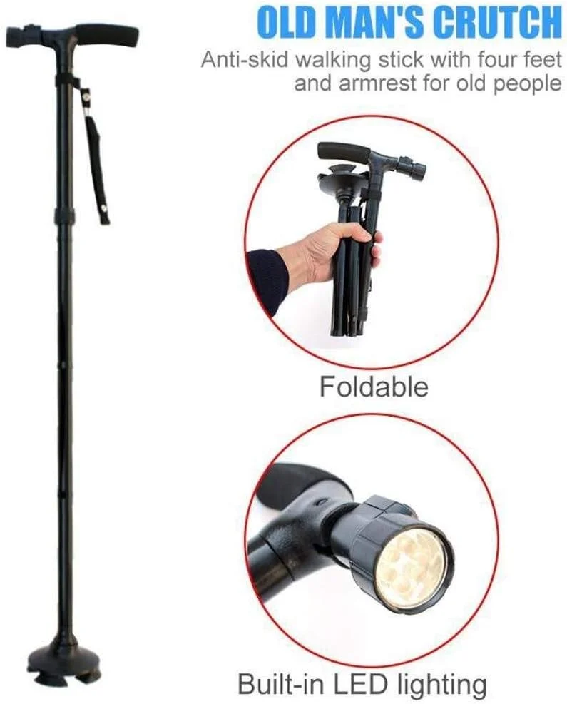 عصای پیاده روی سالمندان XYSQWZ، عصای تاشو آلیاژ آلومینیوم با چراغ LED و پایه 4 سر گردان، عصای کوهنوردی ایمن، عصای سبک وزن تلسکوپی برای استقلال سالمندان عصای پیاده روی سالمندان XYSQWZ، عصای تاشو آلیاژ آلومینیوم با چراغ LED و پایه 4 سر گردان، عصای کوهنوردی ایمن، عصای سبک وزن تلسکوپی برای استقلال سالمندان