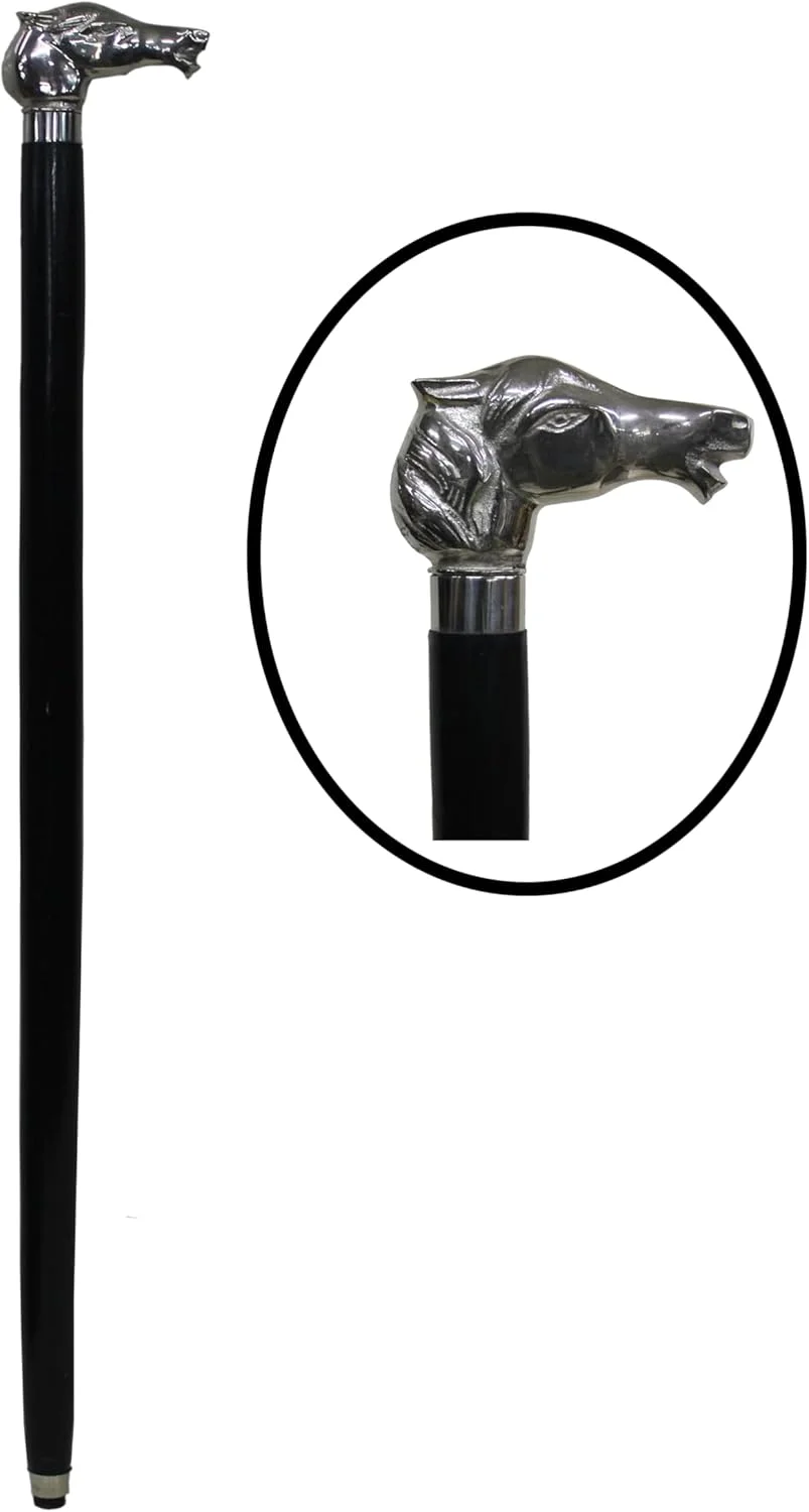 عصای پیاده روی چوبی با سر اسب فلزی سفید