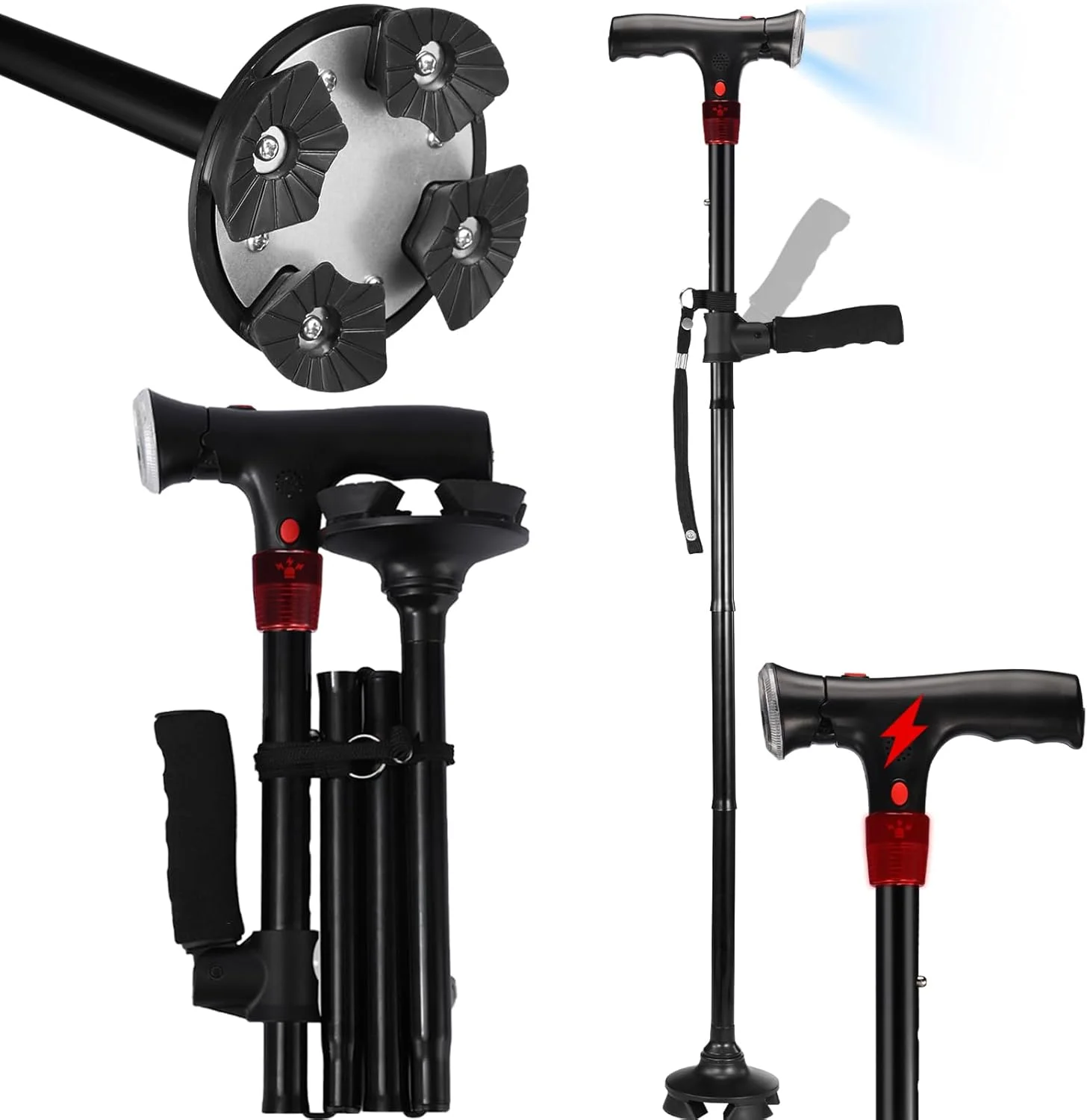 عصای پیاده روی برای آقایان و بانوان با آلارم، چراغ LED و دسته تاشو، تاشو، قابل تنظیم، سبک وزن، عصای خودایستای رایگان برای سالمندان و بزرگسالان عصای پیاده روی برای آقایان و بانوان با آلارم، چراغ LED و دسته تاشو، تاشو، قابل تنظیم، سبک وزن، عصای خودایستای رایگان برای سالمندان و بزرگسالان