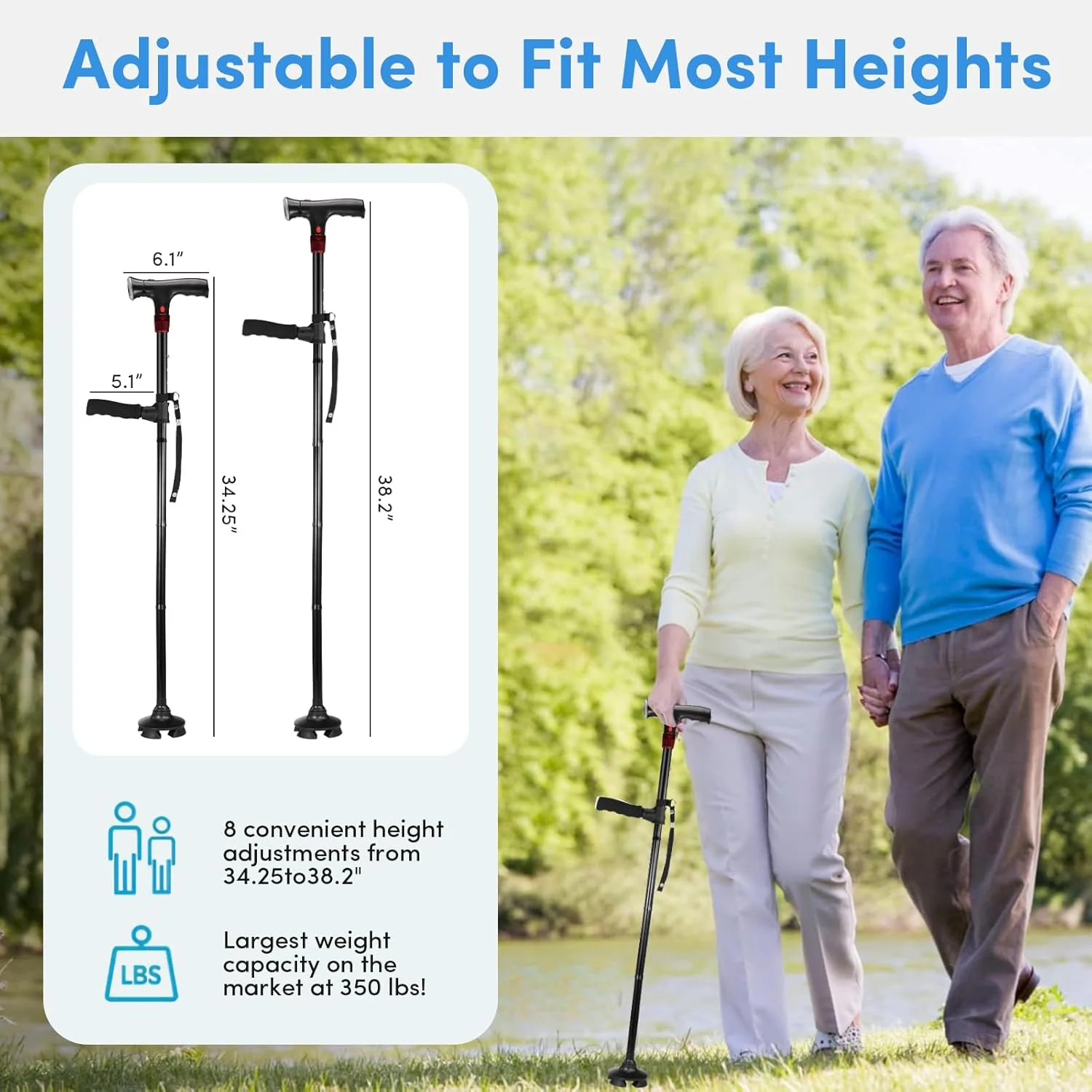 عصای پیاده روی برای آقایان و بانوان با آلارم، چراغ LED و دسته تاشو، تاشو، قابل تنظیم، سبک وزن، عصای خودایستای رایگان برای سالمندان و بزرگسالان عصای پیاده روی برای آقایان و بانوان با آلارم، چراغ LED و دسته تاشو، تاشو، قابل تنظیم، سبک وزن، عصای خودایستای رایگان برای سالمندان و بزرگسالان