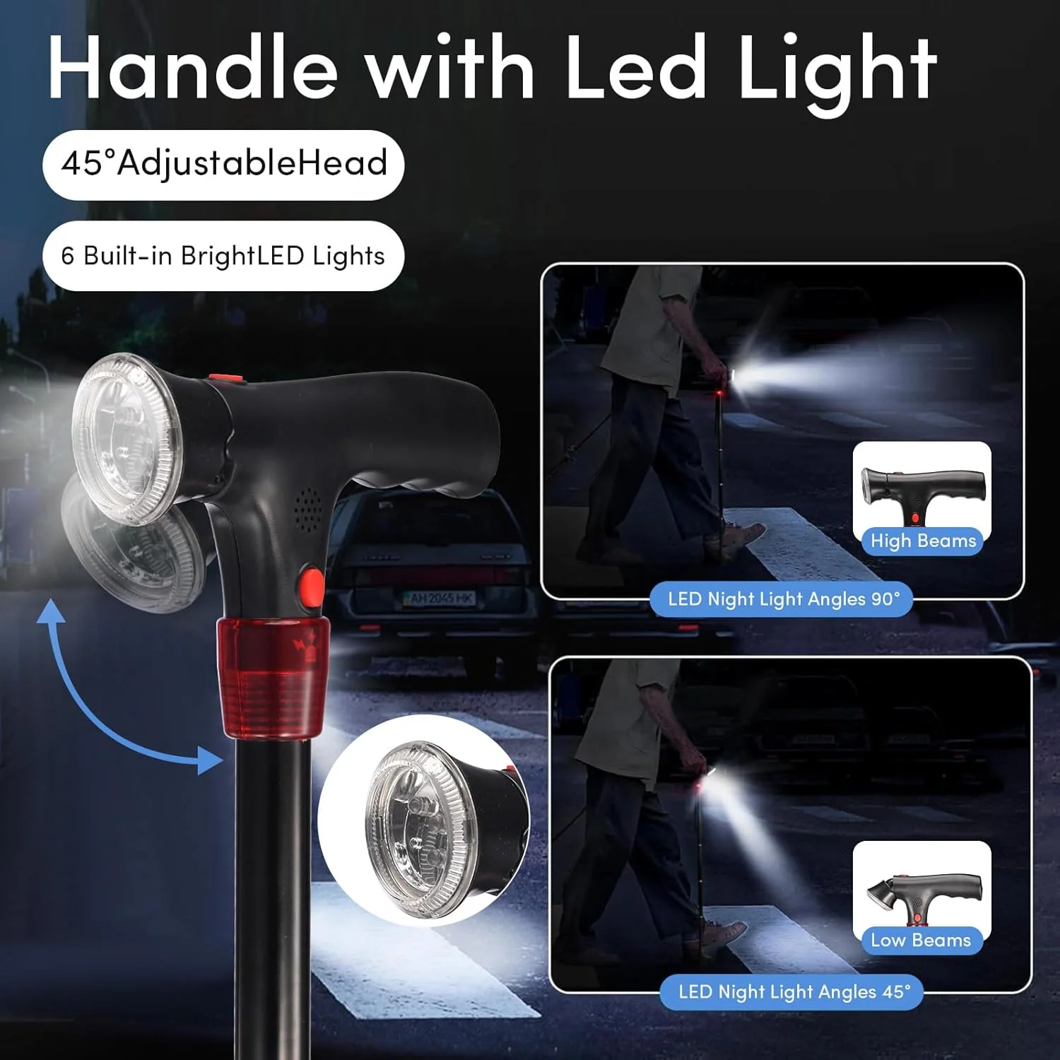 عصای پیاده روی برای آقایان و بانوان با آلارم، چراغ LED و دسته تاشو، تاشو، قابل تنظیم، سبک وزن، عصای خودایستای رایگان برای سالمندان و بزرگسالان عصای پیاده روی برای آقایان و بانوان با آلارم، چراغ LED و دسته تاشو، تاشو، قابل تنظیم، سبک وزن، عصای خودایستای رایگان برای سالمندان و بزرگسالان