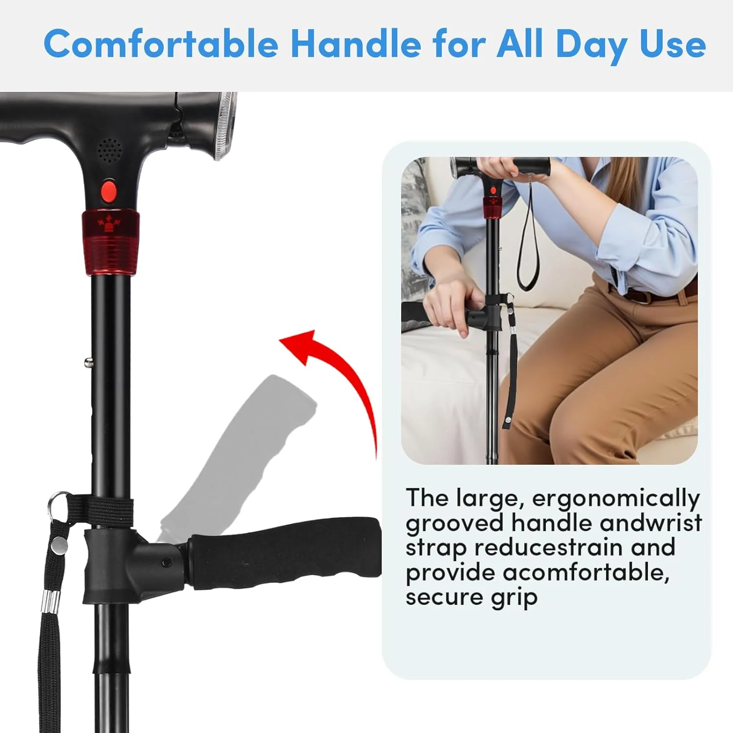 عصای پیاده روی برای آقایان و بانوان با آلارم، چراغ LED و دسته تاشو، تاشو، قابل تنظیم، سبک وزن، عصای خودایستای رایگان برای سالمندان و بزرگسالان عصای پیاده روی برای آقایان و بانوان با آلارم، چراغ LED و دسته تاشو، تاشو، قابل تنظیم، سبک وزن، عصای خودایستای رایگان برای سالمندان و بزرگسالان