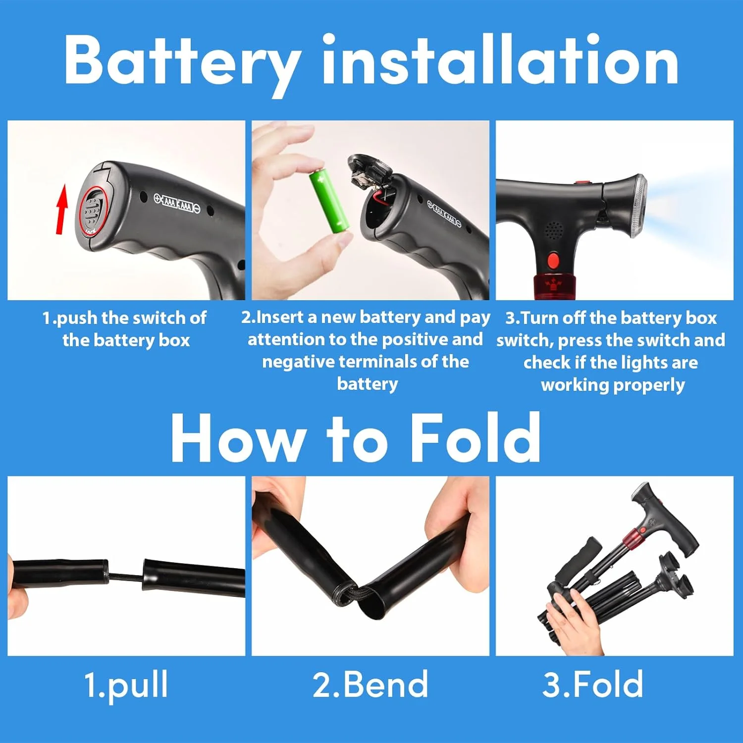 عصای پیاده روی برای آقایان و بانوان با آلارم، چراغ LED و دسته تاشو، تاشو، قابل تنظیم، سبک وزن، عصای خودایستای رایگان برای سالمندان و بزرگسالان عصای پیاده روی برای آقایان و بانوان با آلارم، چراغ LED و دسته تاشو، تاشو، قابل تنظیم، سبک وزن، عصای خودایستای رایگان برای سالمندان و بزرگسالان