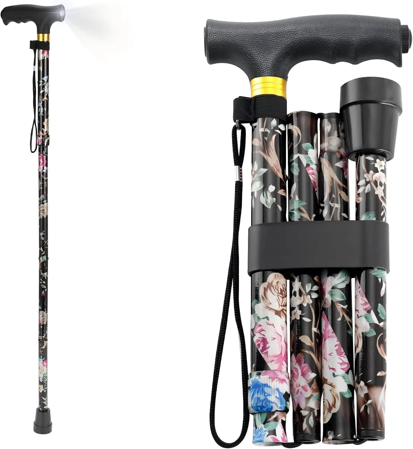 عصای پیاده روی با چراغ LED، عصاهای تاشو قابل تنظیم برای زنان/مردان، عصای پیاده روی آلومینیومی سبک وزن قابل حمل برای تعادل سالمندان عصای پیاده روی با چراغ LED، عصاهای تاشو قابل تنظیم برای زنان/مردان، عصای پیاده روی آلومینیومی سبک وزن قابل حمل برای تعادل سالمندان