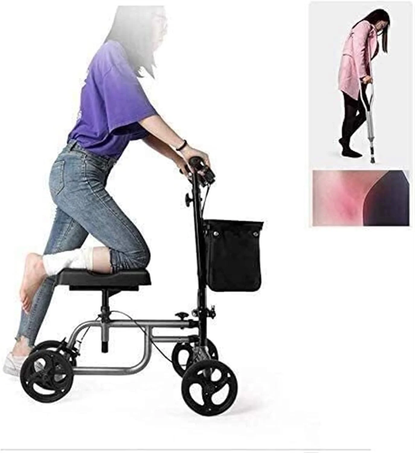 واکر تاشو چهار چرخ مناسب بزرگسالان، واکر زانو با سیستم ترمز دوبل، واکر چرخ دار پزشکی با قابلیت تنظیم ارتفاع