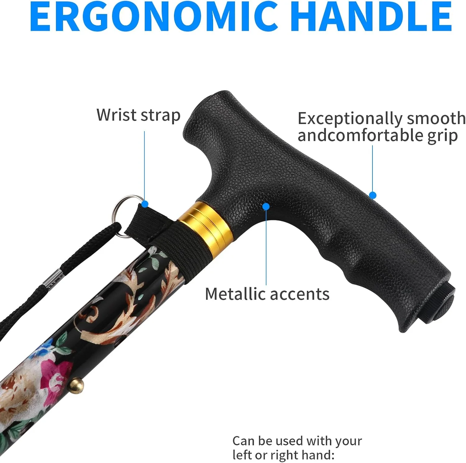 عصای پیاده روی با چراغ LED، عصاهای تاشو قابل تنظیم برای زنان/مردان، عصای پیاده روی آلومینیومی سبک وزن قابل حمل برای تعادل سالمندان