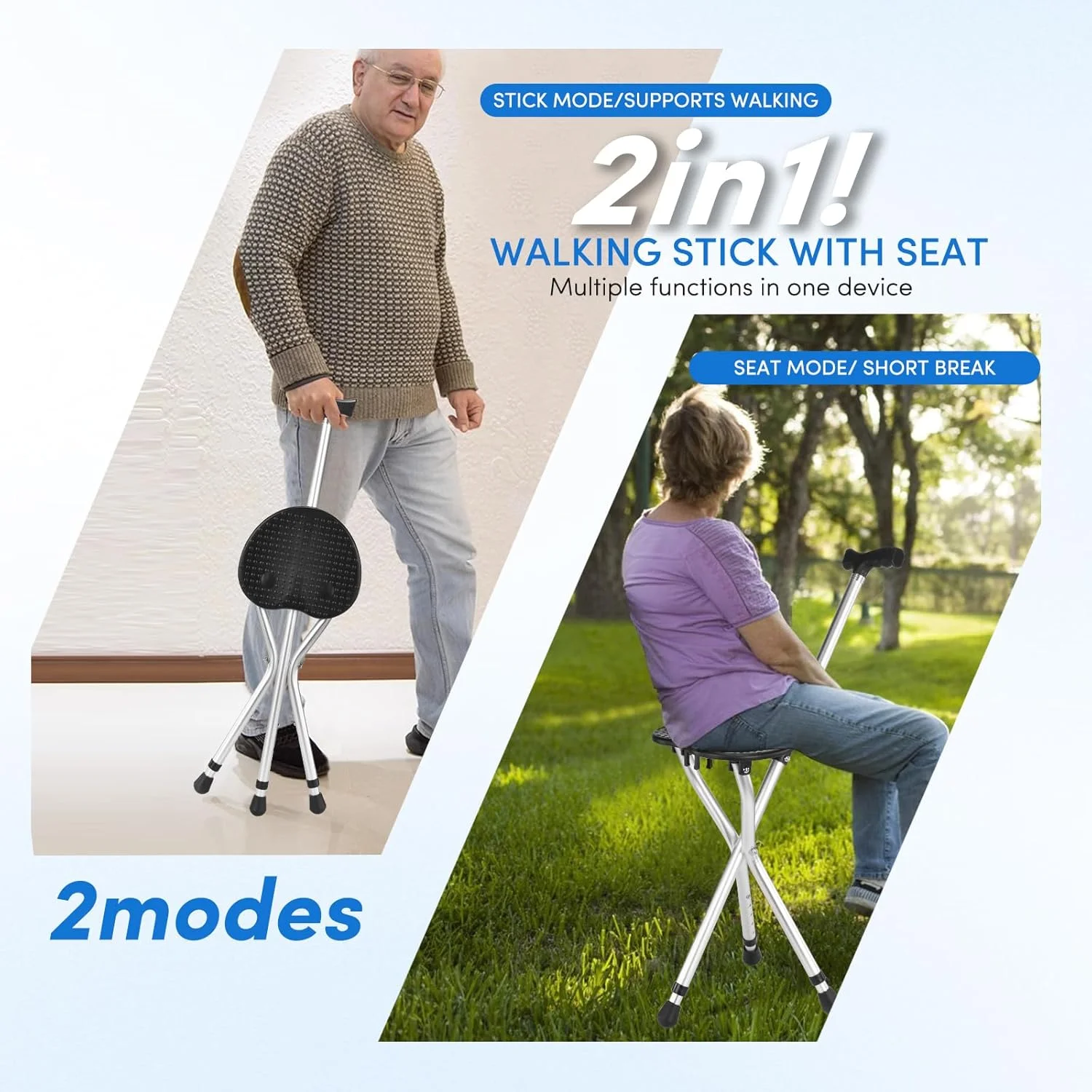 عصای پیاده روی تاشو قابل تنظیم با صندلی، امکان دوام در هنگام راه رفتن و راحتی برای نشستن، صندلی عصای آلیاژی، عصای پیاده روی سبک وزن ضد لغزش برای سالمندان