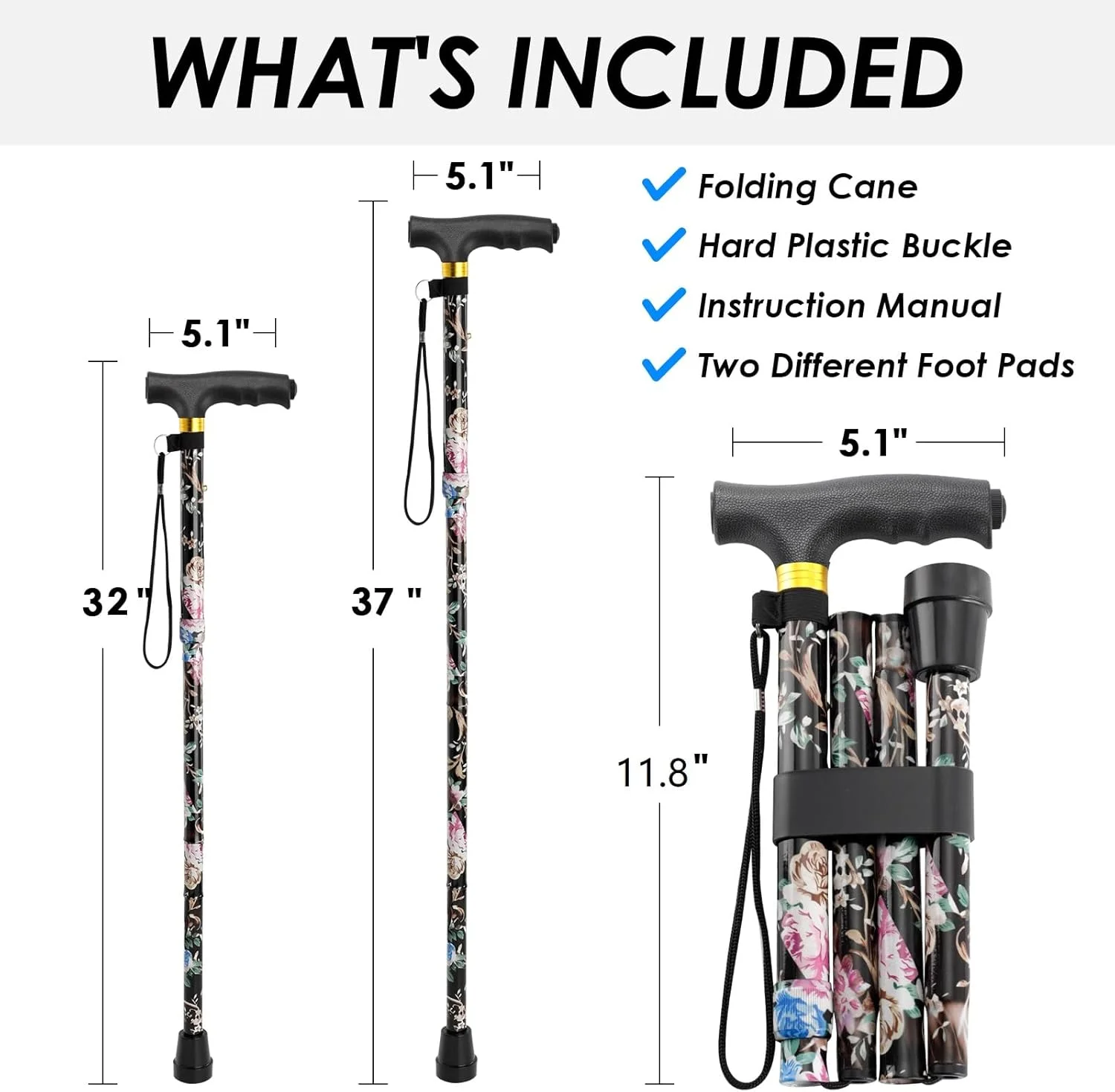 عصای پیاده روی با چراغ LED، عصاهای تاشو قابل تنظیم برای زنان/مردان، عصای پیاده روی آلومینیومی سبک وزن قابل حمل برای تعادل سالمندان