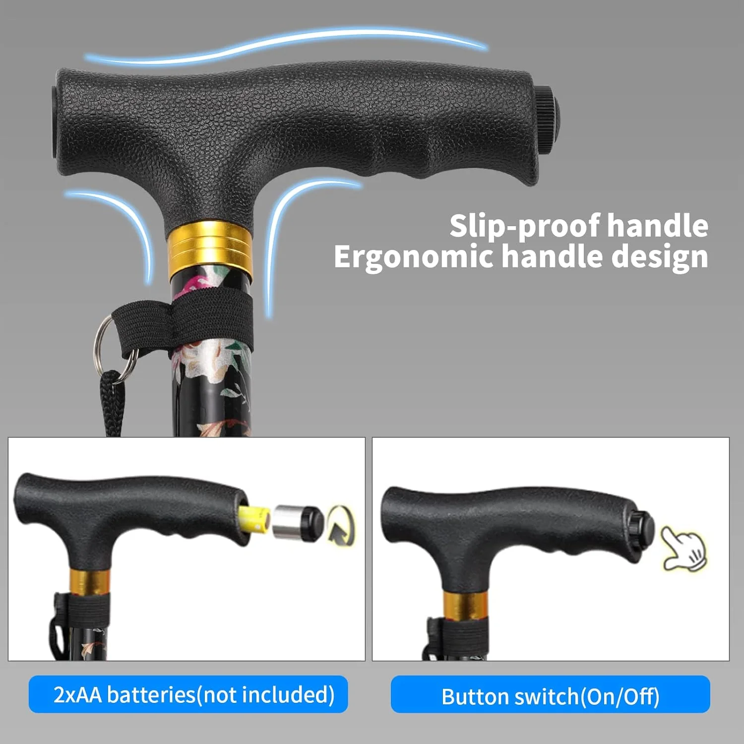 عصای پیاده روی با چراغ LED، عصاهای تاشو قابل تنظیم برای زنان/مردان، عصای پیاده روی آلومینیومی سبک وزن قابل حمل برای تعادل سالمندان