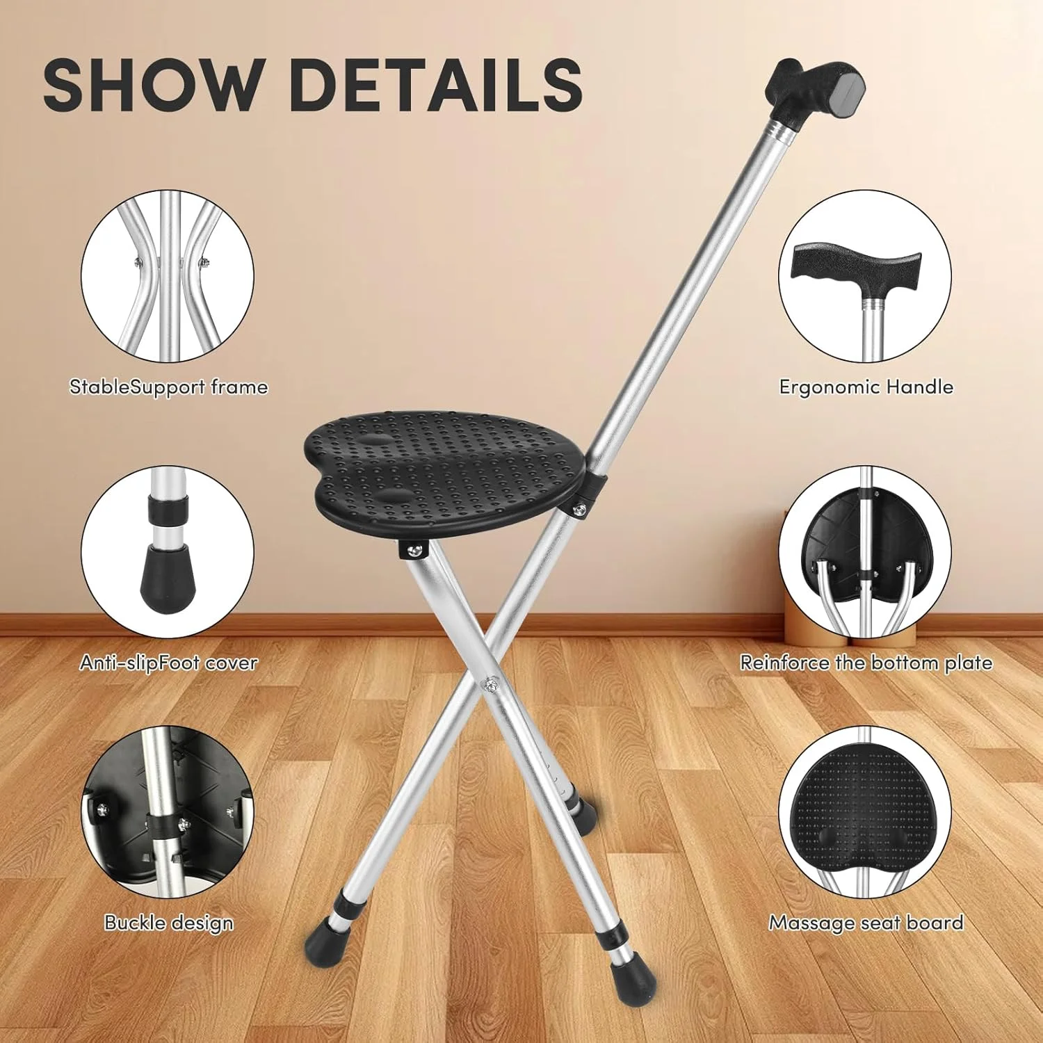 عصای پیاده روی تاشو قابل تنظیم با صندلی، امکان دوام در هنگام راه رفتن و راحتی برای نشستن، صندلی عصای آلیاژی، عصای پیاده روی سبک وزن ضد لغزش برای سالمندان