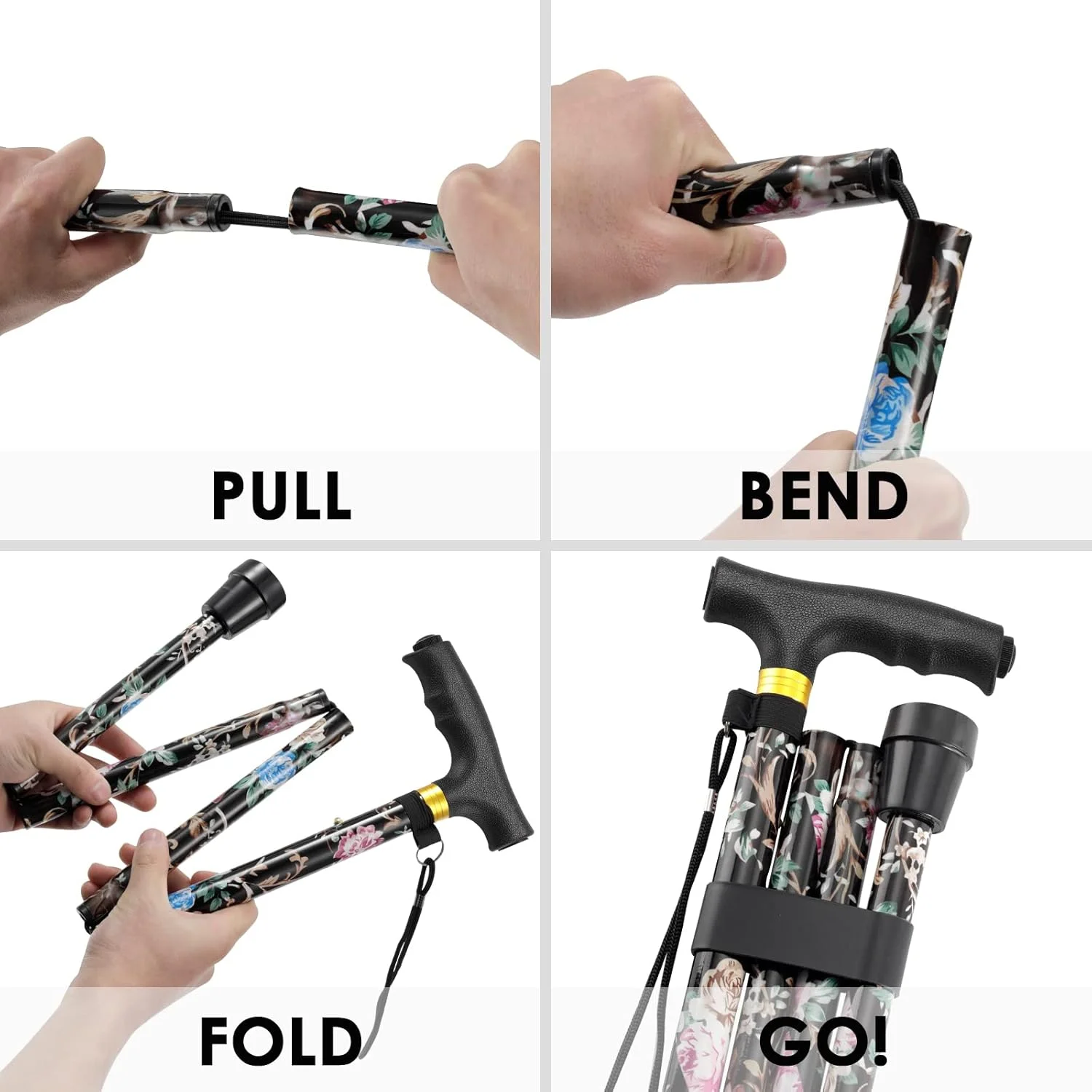 عصای پیاده روی با چراغ LED، عصاهای تاشو قابل تنظیم برای زنان/مردان، عصای پیاده روی آلومینیومی سبک وزن قابل حمل برای تعادل سالمندان