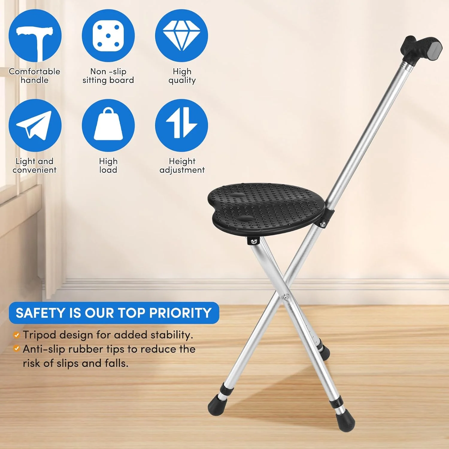 عصای پیاده روی تاشو قابل تنظیم با صندلی، امکان دوام در هنگام راه رفتن و راحتی برای نشستن، صندلی عصای آلیاژی، عصای پیاده روی سبک وزن ضد لغزش برای سالمندان