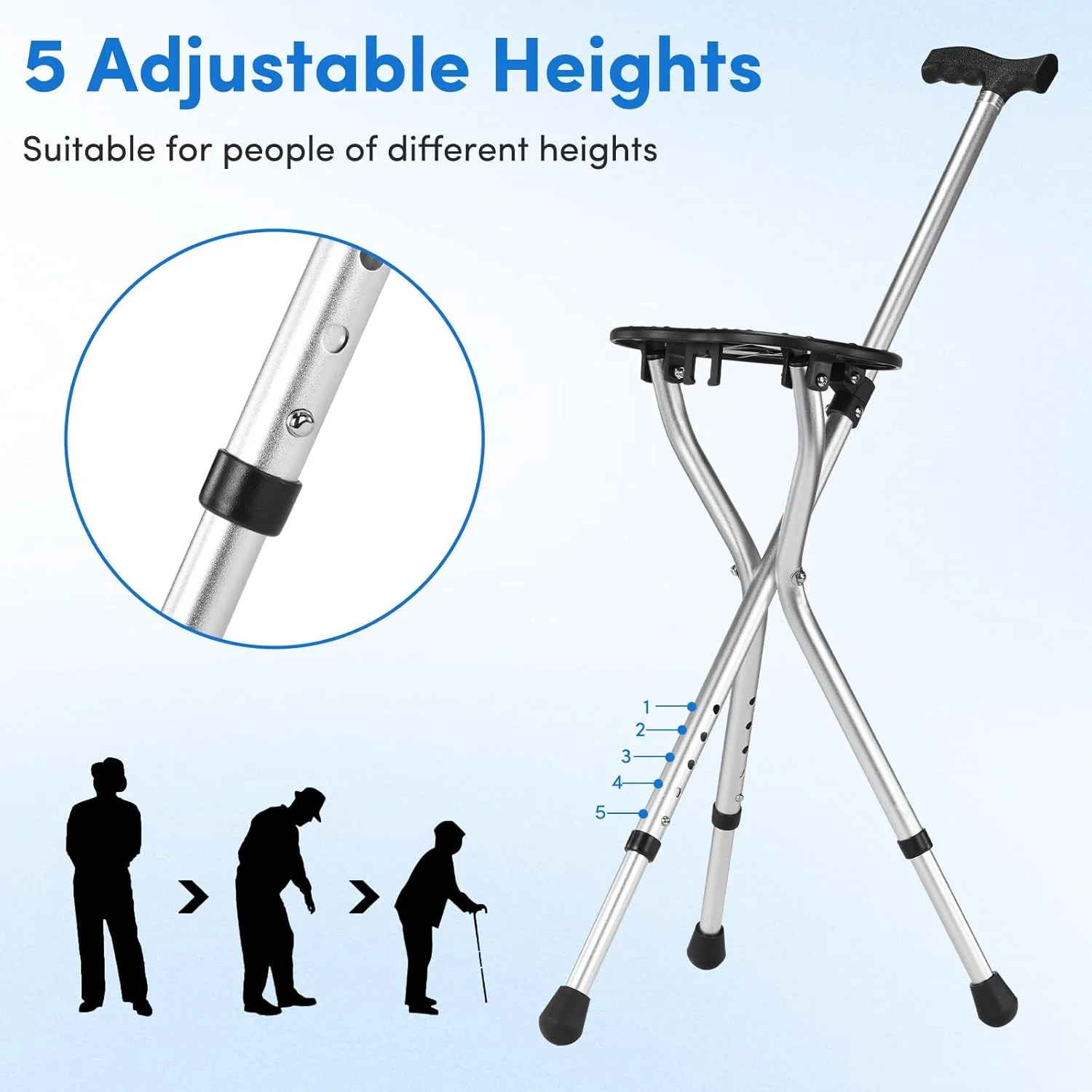 عصای پیاده روی تاشو قابل تنظیم با صندلی، امکان دوام در هنگام راه رفتن و راحتی برای نشستن، صندلی عصای آلیاژی، عصای پیاده روی سبک وزن ضد لغزش برای سالمندان