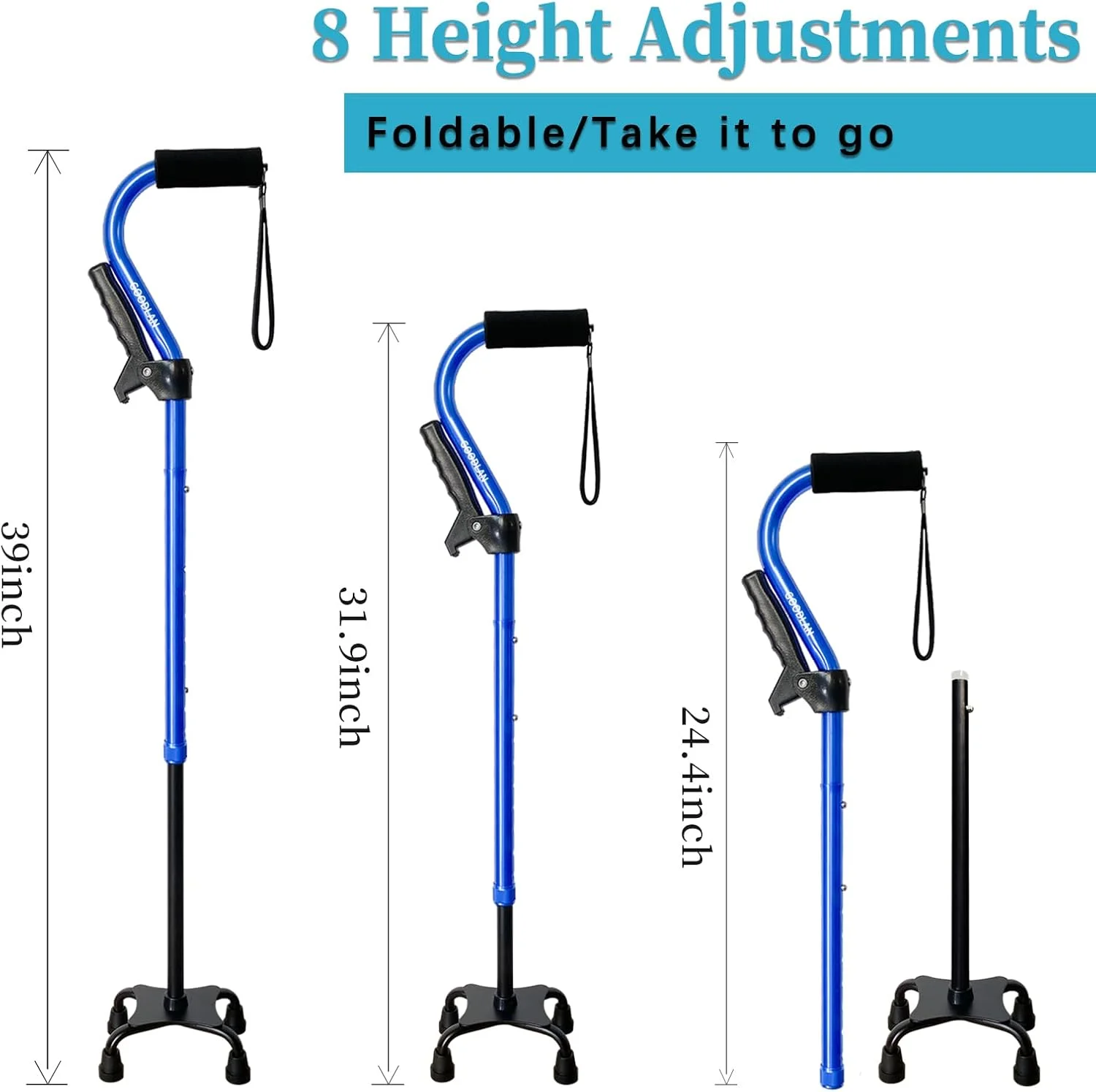 عصای چهار پایه قابل تنظیم برای مردان، زنان و سالمندان - سبک و محکم با پایه 4 شاخه برای تعادل و ثبات بیشتر، دسته فوم دار خودایستا برای گرفتن نرم