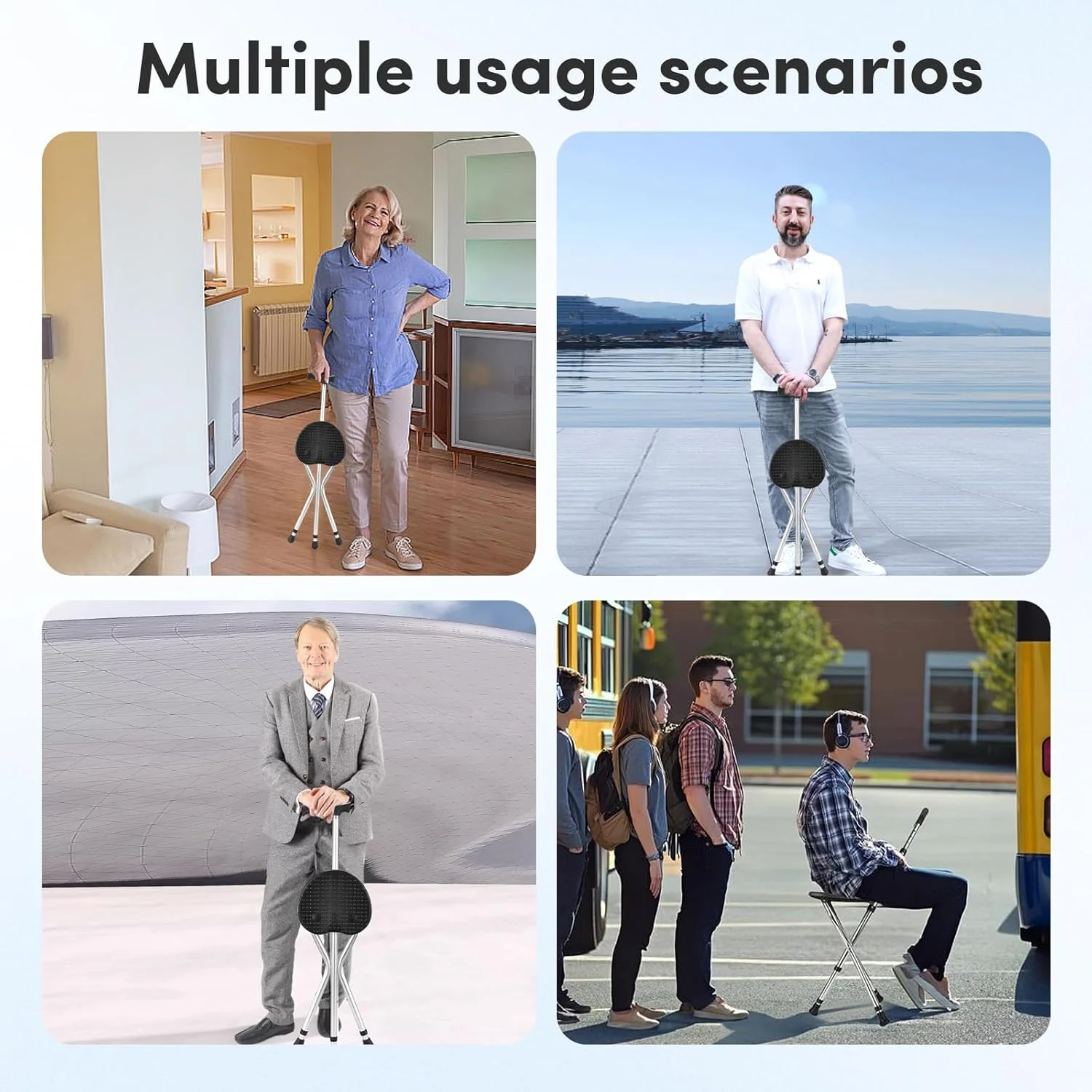 عصای پیاده روی تاشو قابل تنظیم با صندلی، امکان دوام در هنگام راه رفتن و راحتی برای نشستن، صندلی عصای آلیاژی، عصای پیاده روی سبک وزن ضد لغزش برای سالمندان