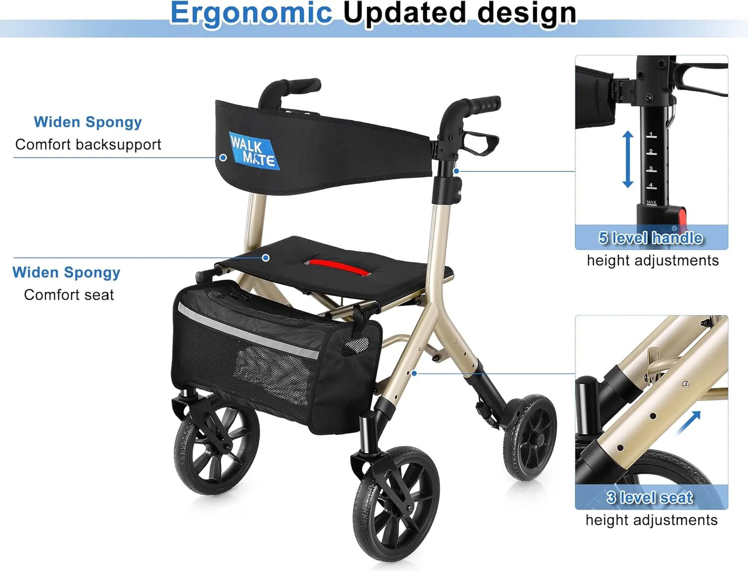 واکر رولیتور WALK MATE برای سالمندان قد بلند 160 تا 213 سانتیمتر با صندلی قابل تنظیم ارتفاع، چرخهای 10 اینچی با سیمهای مخفی، طراحی تاشو جمع و جور، واکر سبک وزن برای کمک به حرکت، پشتی پهن، طلایی واکر رولیتور WALK MATE برای سالمندان قد بلند 160 تا 213 سانتیمتر با صندلی قابل تنظیم ارتفاع، چرخهای 10 اینچی با سیمهای مخفی، طراحی تاشو جمع و جور، واکر سبک وزن برای کمک به حرکت، پشتی پهن، طلایی