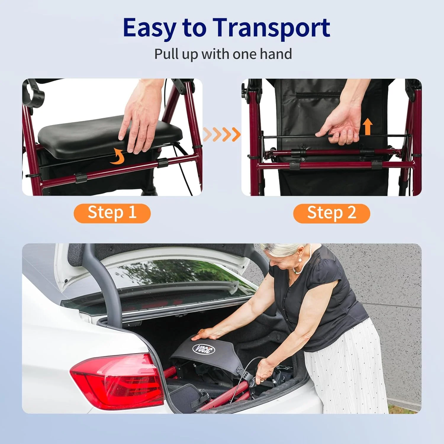 رولیتور واکر صندلی دار VOCIC، ترمز، کیف، عصای پیاده روی تاشو، ارتفاع قابل تنظیم، رولیتور واکر سبک وزن برای معلولین، چرخ های 20 سانتی متری/8 اینچی برای تمام سطوح، قرمز