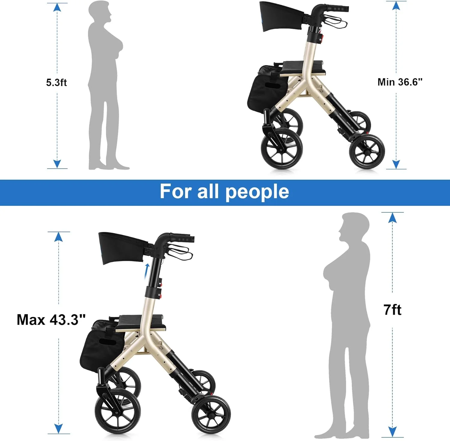واکر رولیتور WALK MATE برای سالمندان قد بلند 160 تا 213 سانتیمتر با صندلی قابل تنظیم ارتفاع، چرخهای 10 اینچی با سیمهای مخفی، طراحی تاشو جمع و جور، واکر سبک وزن برای کمک به حرکت، پشتی پهن، طلایی واکر رولیتور WALK MATE برای سالمندان قد بلند 160 تا 213 سانتیمتر با صندلی قابل تنظیم ارتفاع، چرخهای 10 اینچی با سیمهای مخفی، طراحی تاشو جمع و جور، واکر سبک وزن برای کمک به حرکت، پشتی پهن، طلایی