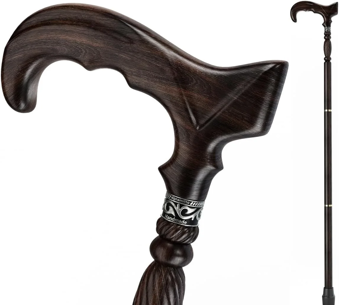 عصای پیاده روی چوبی دست ساز URFORESTIC، عصای چوبی محکم برای مردان و زنان، عصای پیاده روی ارگونومیک برای سالمندان، ارتفاع 36 اینچ (قهوه ای تیره)