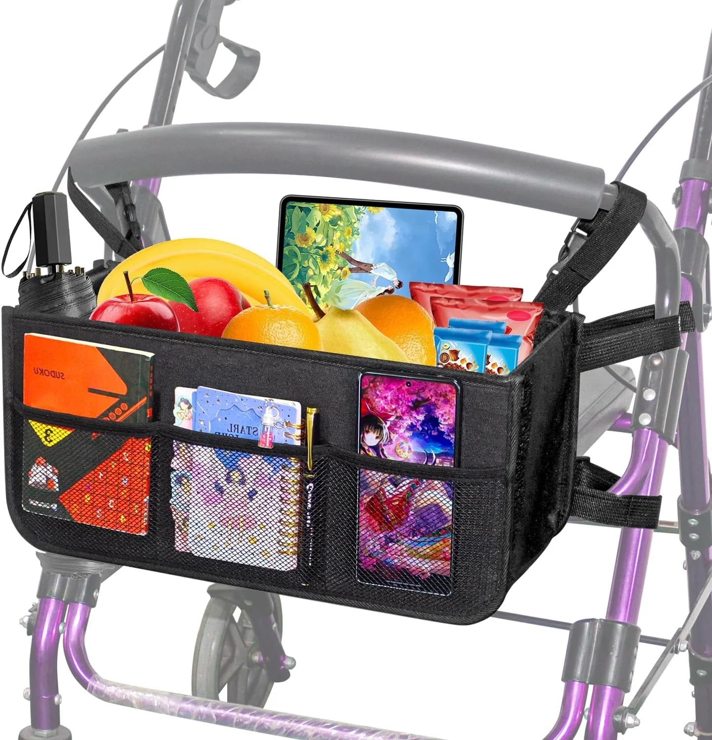 سبد ارتقاء یافته رولیتور، کیف سبد واکر برای واکر تاشو، کیف رولیتور واکر با جا لیوانی، کیف رولیتور، کیف سازمان دهنده لوازم جانبی رولیتور واکر با ظرفیت بزرگ، کیف ذخیره سازی واکر رولیتور تاشو