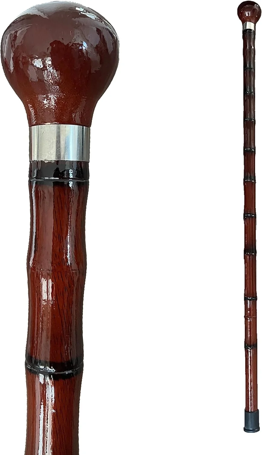 عصای چوبی THY Collectibles با نوک لاستیکی برای مردان و زنان، ارگونومیک و شیک - عصای طرح بامبو به رنگ قرمز تیره 35 اینچی با دسته توپی
