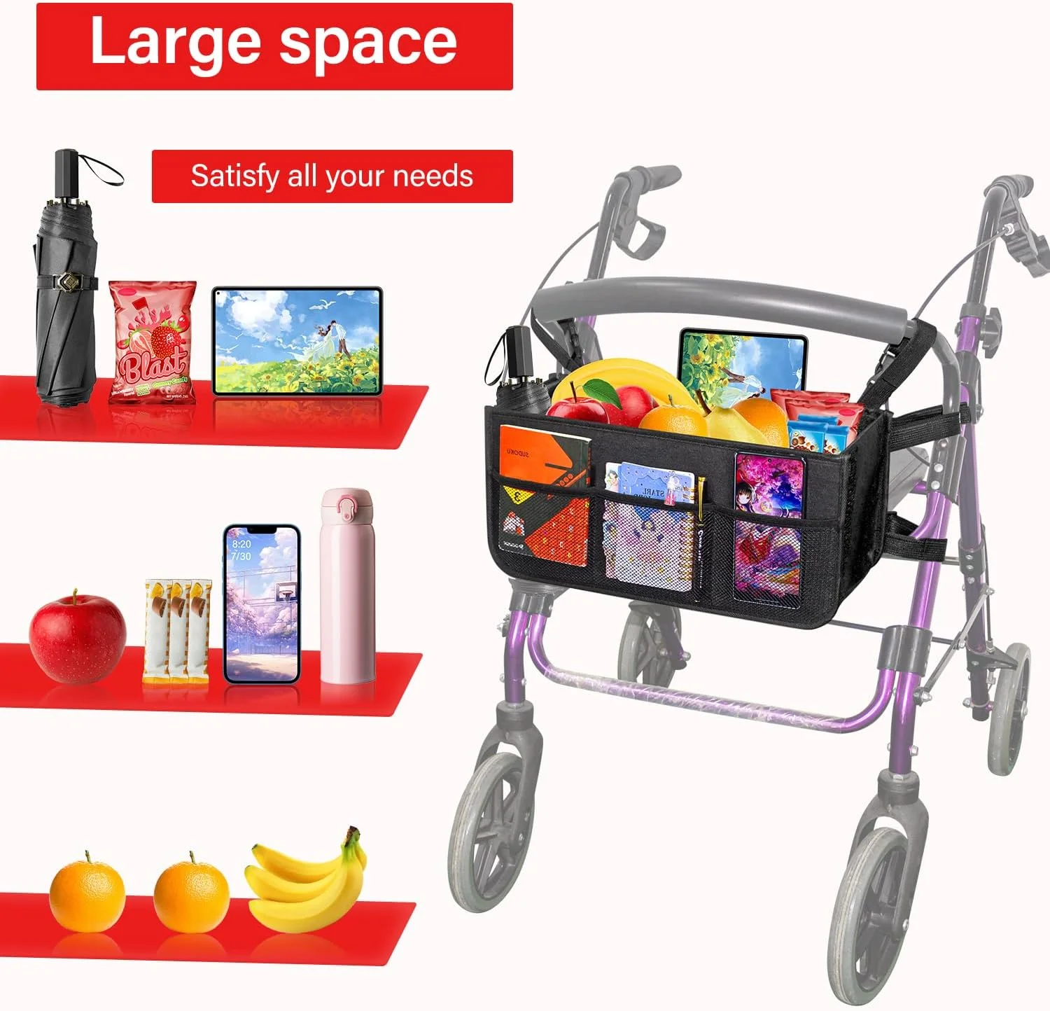 سبد ارتقاء یافته رولیتور، کیف سبد واکر برای واکر تاشو، کیف رولیتور واکر با جا لیوانی، کیف رولیتور، کیف سازمان دهنده لوازم جانبی رولیتور واکر با ظرفیت بزرگ، کیف ذخیره سازی واکر رولیتور تاشو