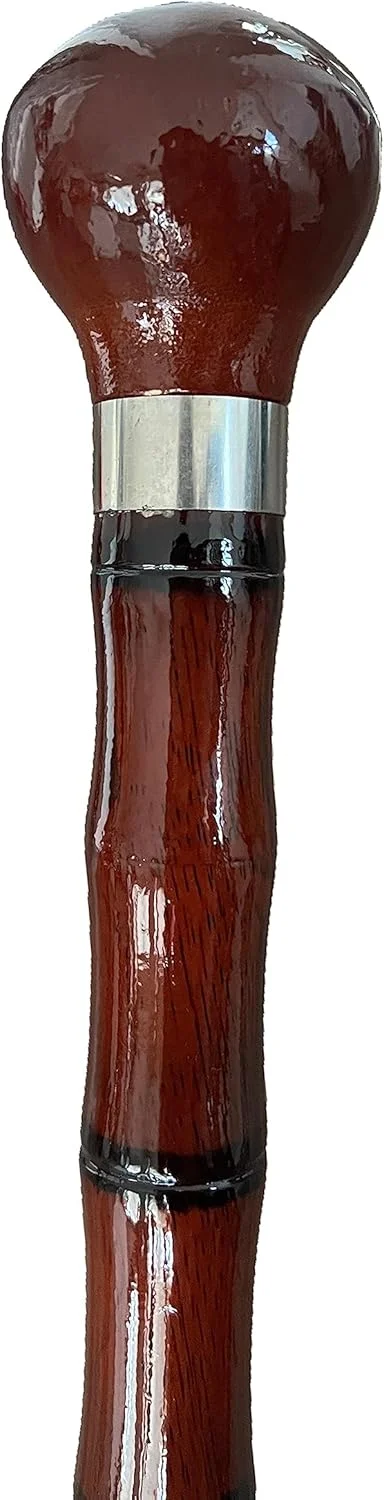 عصای چوبی THY Collectibles با نوک لاستیکی برای مردان و زنان، ارگونومیک و شیک - عصای طرح بامبو به رنگ قرمز تیره 35 اینچی با دسته توپی